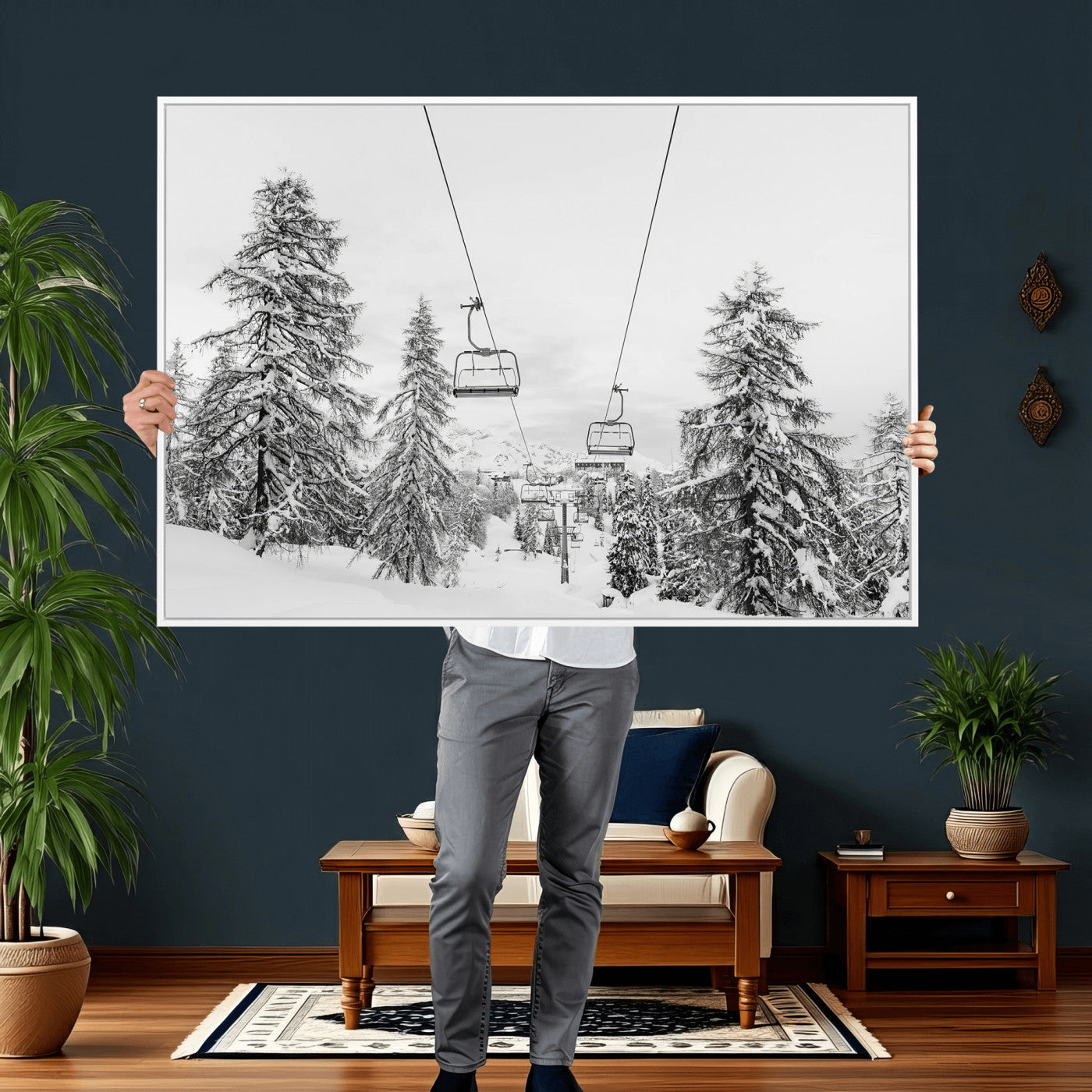 55003599-MGV-CV-36X24 - Snowy Ski Lift Wall Art – Framed Winter Forest Canvas Artwork, Peaceful Mountain Design, Modern Nature Decor for Home, Office