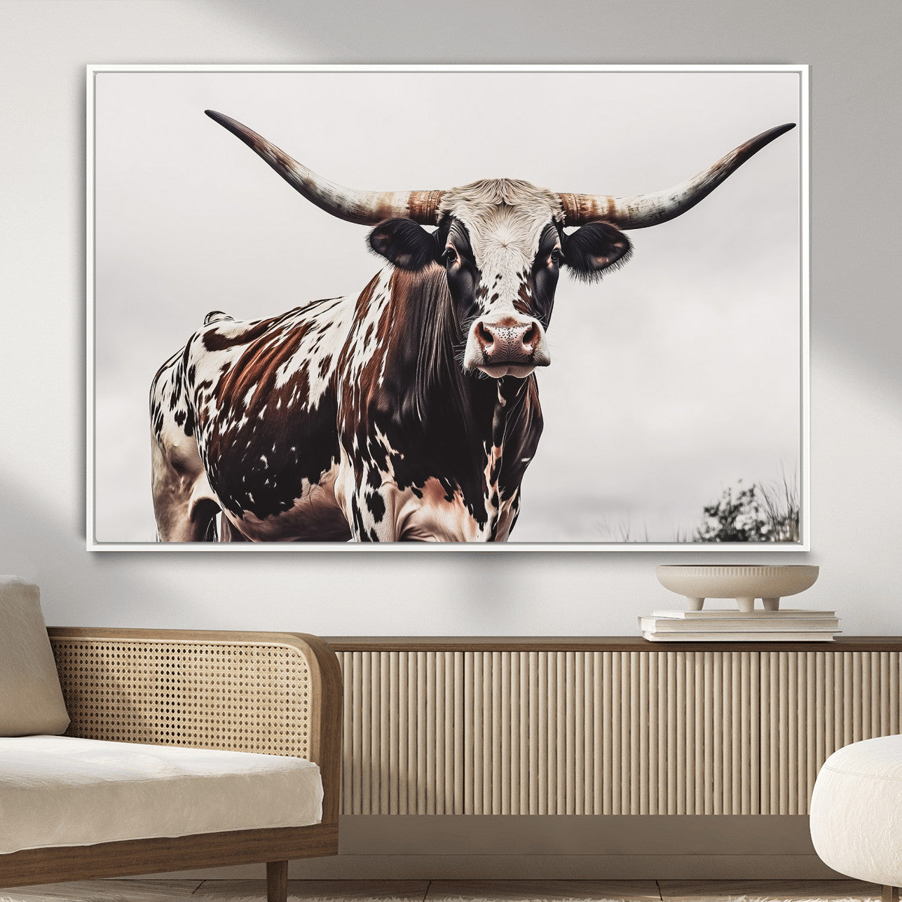 95249234-MGV-CV-36X24-Texas Longhorn Wall Art Canvas Print – Framed Spotted Bull Scene with Horned Cattle Artwork for Home, Office