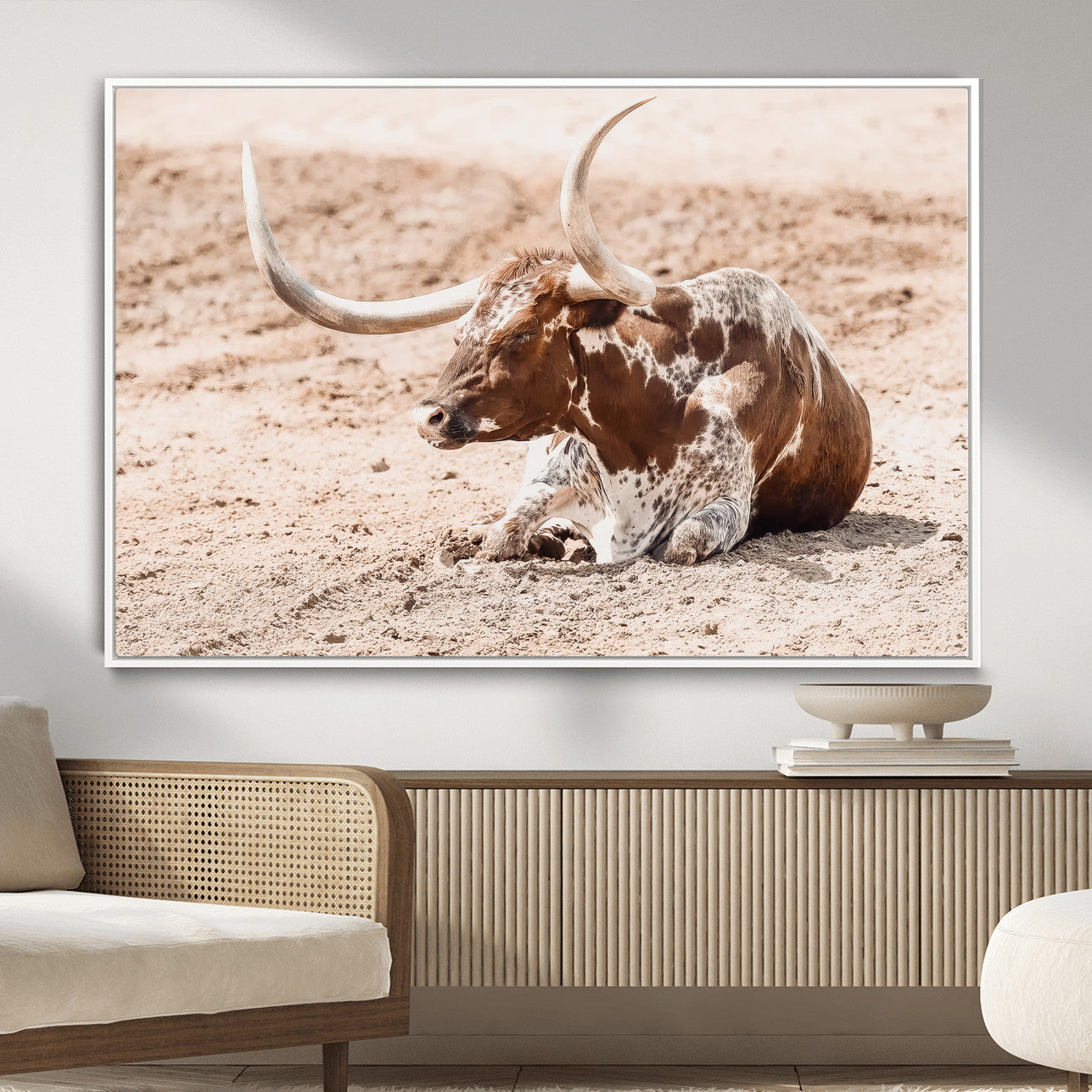91248682-MGV-CV-36X24-Texas Longhorn Wall Art Canvas Print – Framed Resting Bull Scene with Spotted Cattle Artwork for Home, Office