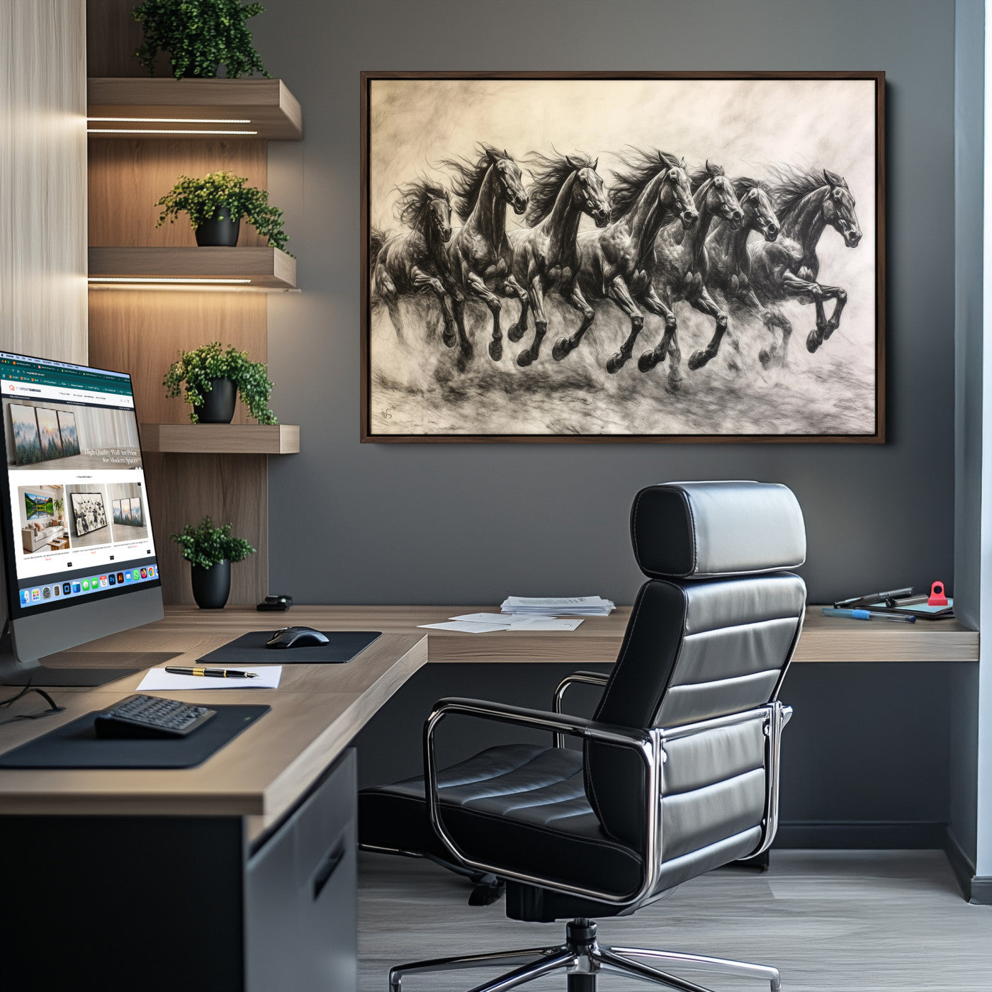 -Galloping Horses Wall Art Canvas Print, Framed Wild Stallions Art Picture Print, Horse Herd Sketch