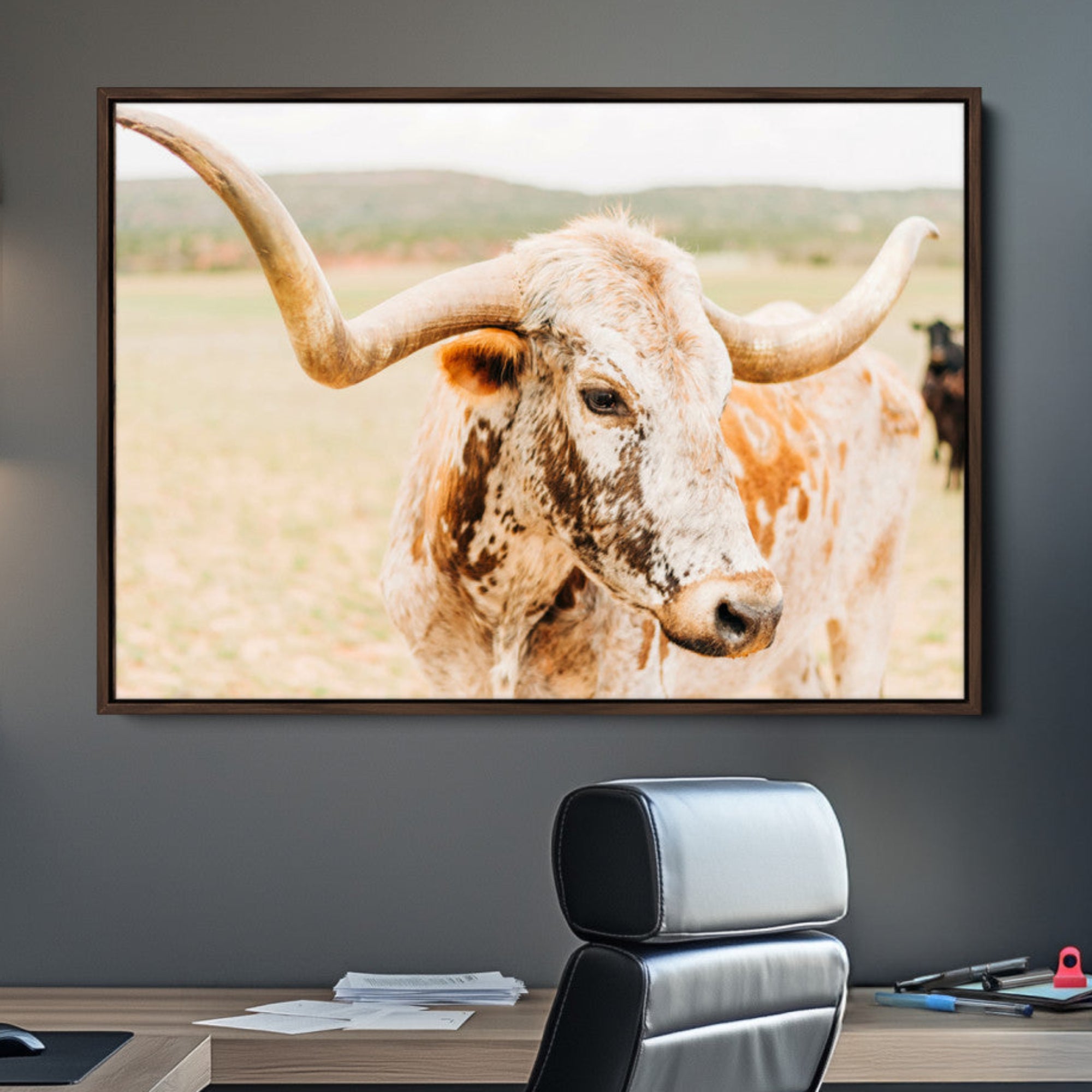 21060648-MGV-CV-36X24-Texas Longhorn Wall Art Canvas Print – Framed Speckled Cow Rustic Bull Western Farmhouse Animal Artwork for Home Office