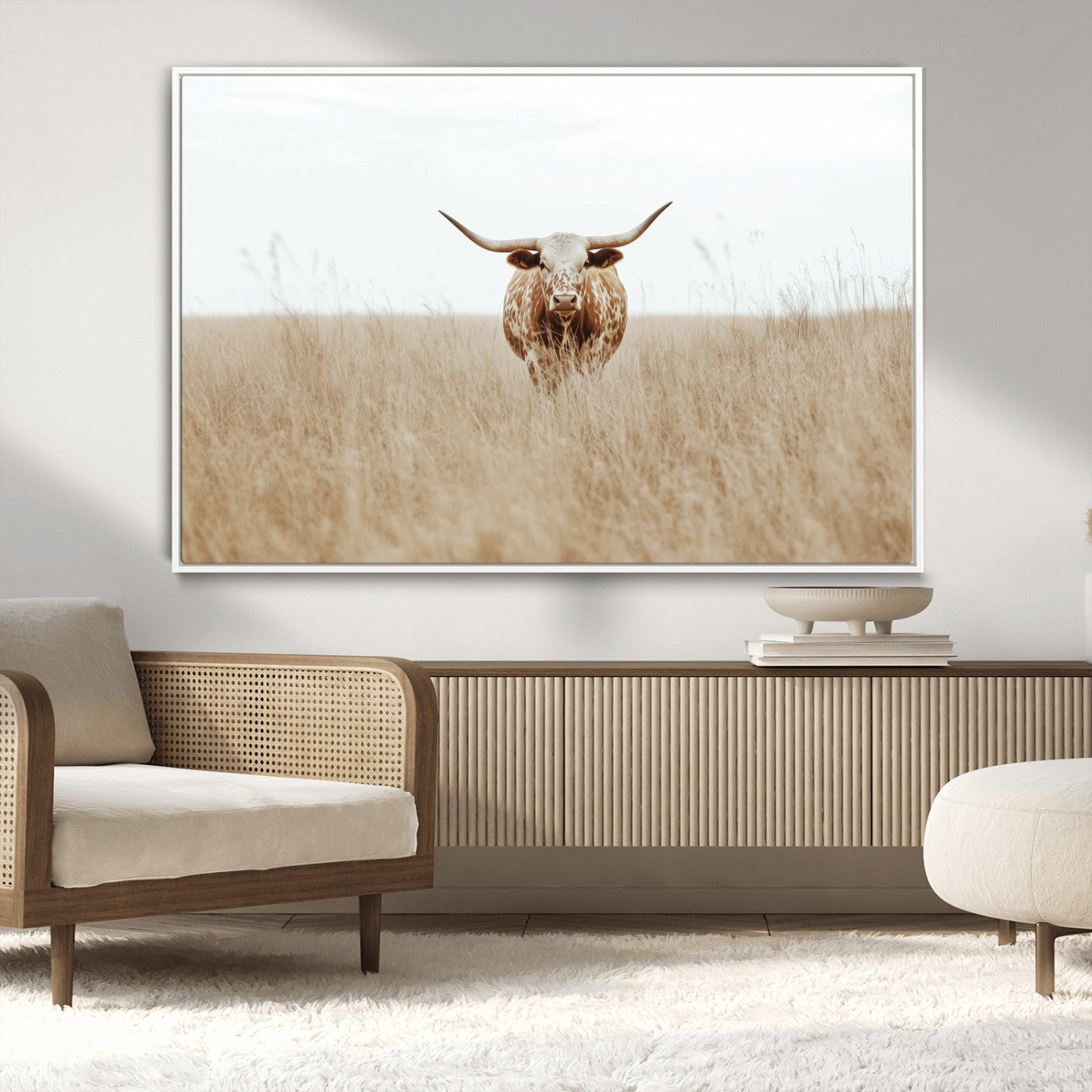 MGV-FC-36X24 - Texas Longhorn Wall Art Canvas Print, Framed Lone Cattle Art Picture Print, Longhorn Bull Perfect Rustic Western Decor Artwork
