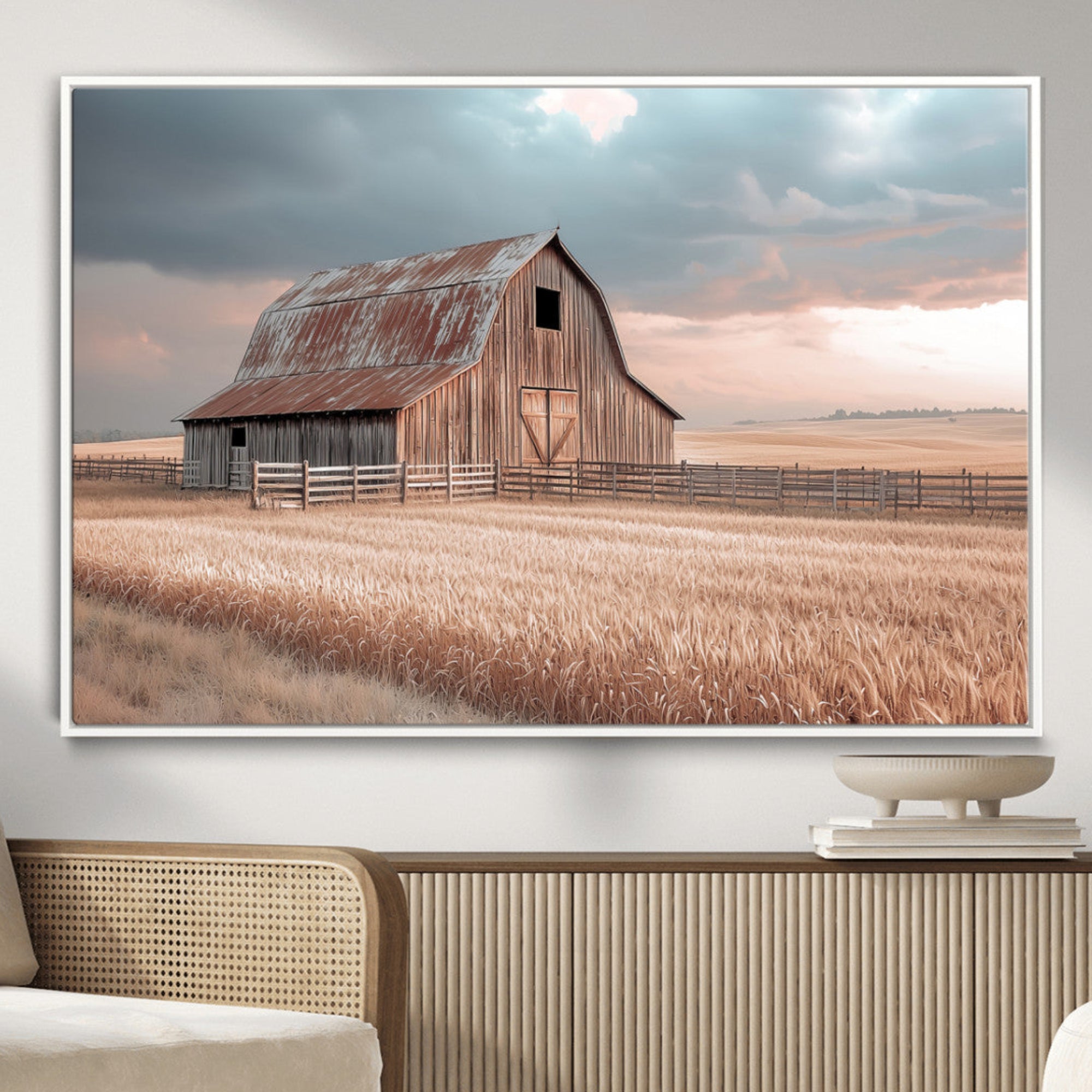 MGV-FC-36X24 - Rustic Barn Wall Art Canvas Print, Framed Wheat Field Art Picture Print, Sunset Barn Perfect Vintage Farmhouse Decor Artwork