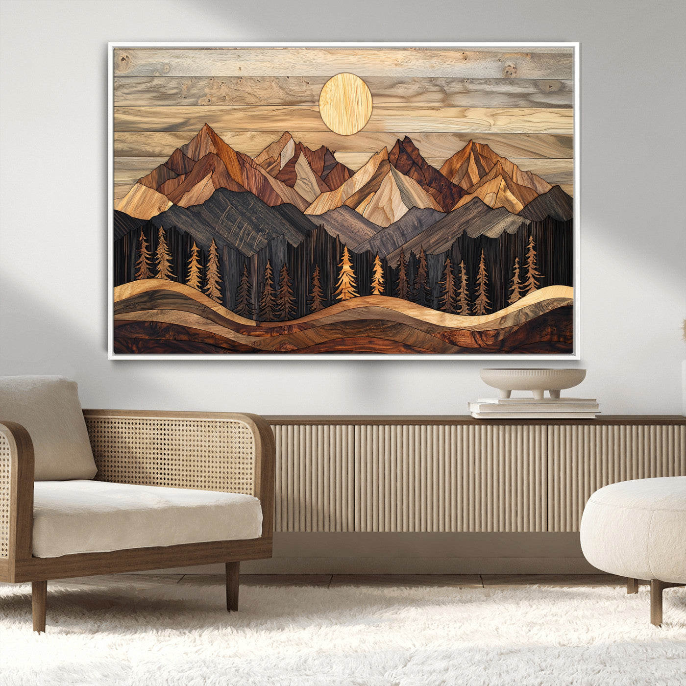 50100230-MGV-FC-36X24_White-Wood Mountain Wall Art Canvas Print – Framed Boho Abstract Woodland Rustic Farmhouse Geometric Artwork for Home Office