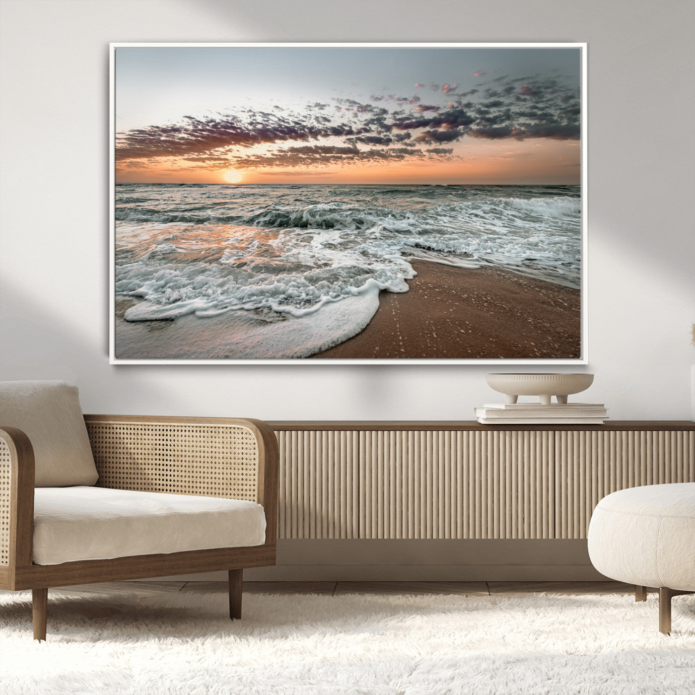40632752-MGV-CV-36X24-Ocean Sunset Wall Art Canvas Print – Framed Beach Waves Scene with Coastal Artwork for Home, Office, Living Room