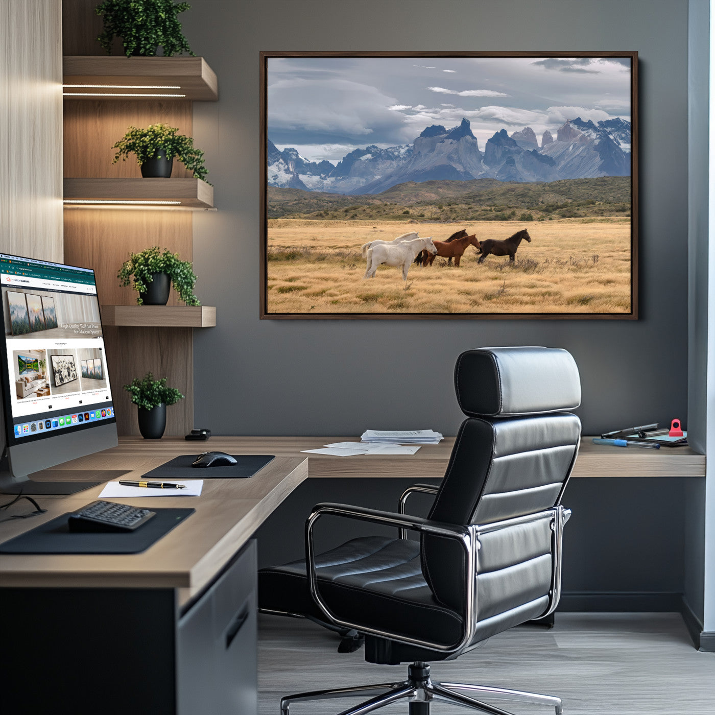 69960232-MGV-CV-36X24-Horses Grazing Wall Art Canvas Print – Framed Mountain Field Scenic Landscape Cloudy Sky Nature Artwork for Home Office