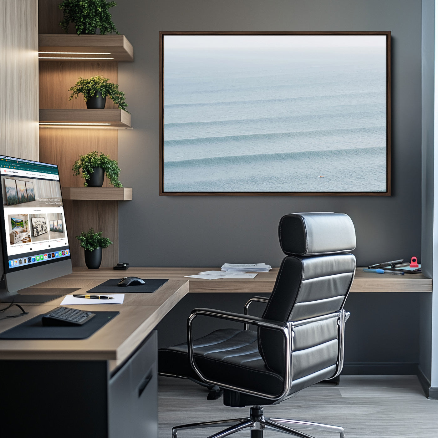 -Ocean Waves Wall Art Canvas Print, Framed Solo Surfer Art Picture Print, Wave Lines Perfect