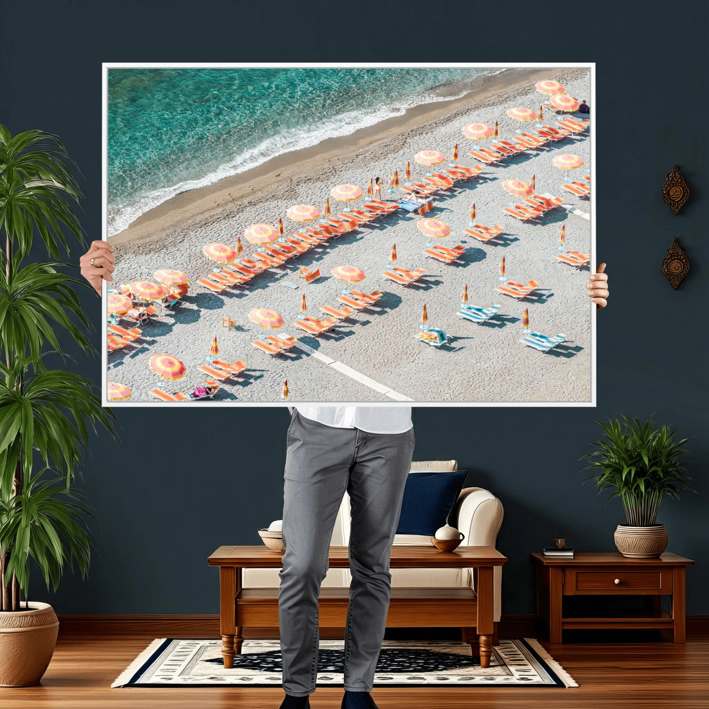27805351-MGV-CV-36X24 - Beach Umbrellas Wall Art – Orange Loungers & Turquoise Water Canvas Print, Sandy Shore and Summer Vibes