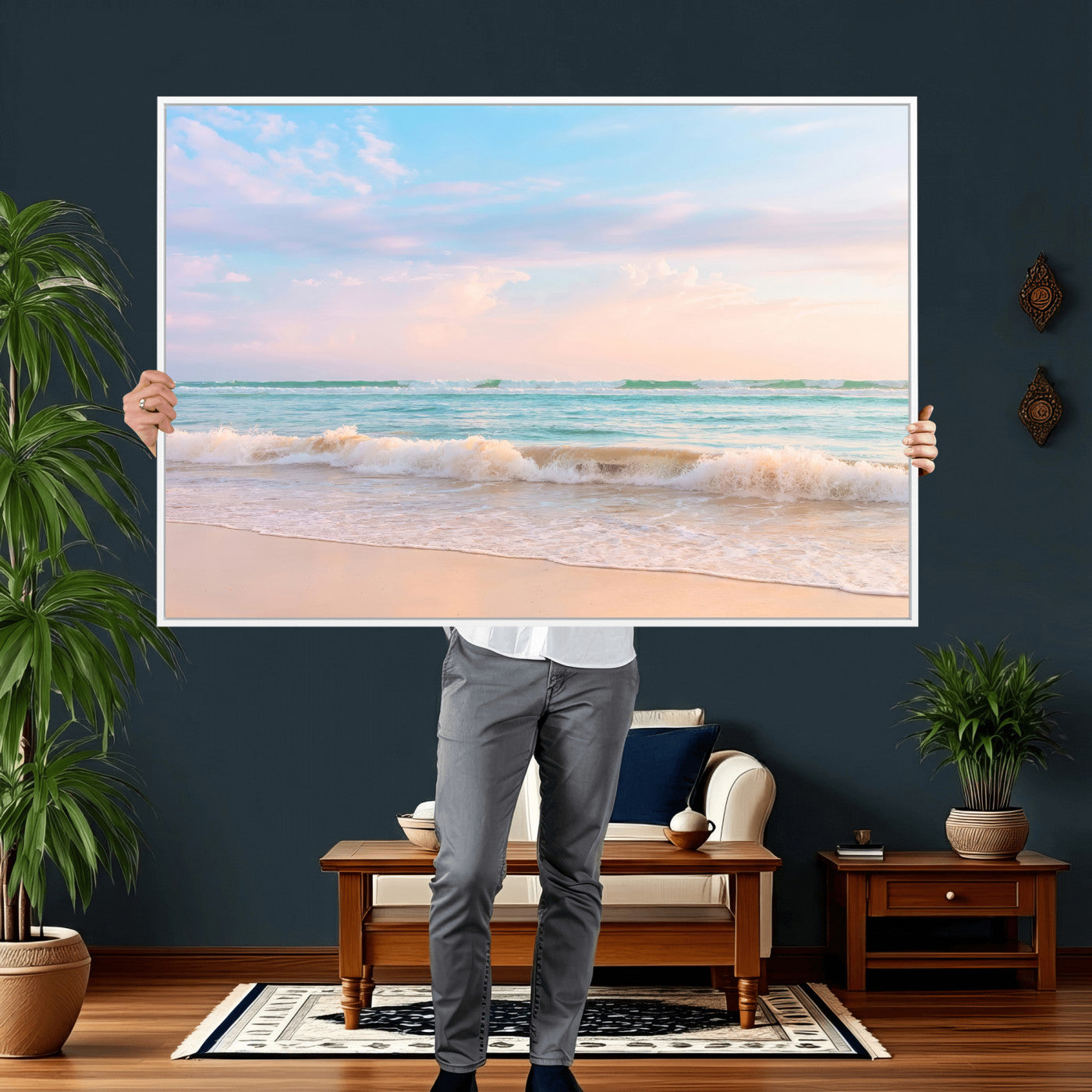 74679437-MGV-CV-36X24 - Serene Waves Wall Art – Golden Shore & Soft Pastel Sky Canvas Print, Gentle Ocean and Peaceful Sunset for Living Room or Office