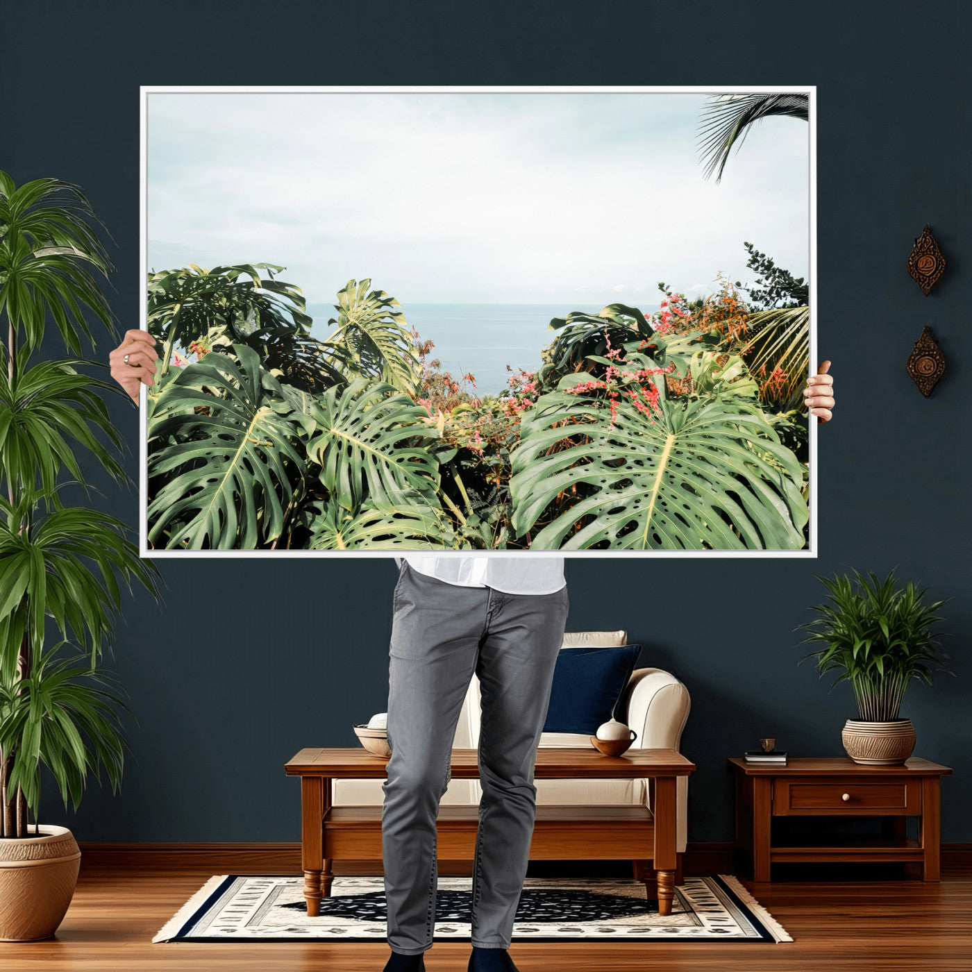 45700479-MGV-CV-36X24 - Tropical Greenery Wall Art – Exotic Leaves & Ocean View Canvas Print, Sunlit Paradise and Vibrant Nature for Living Room or Coastal Decor