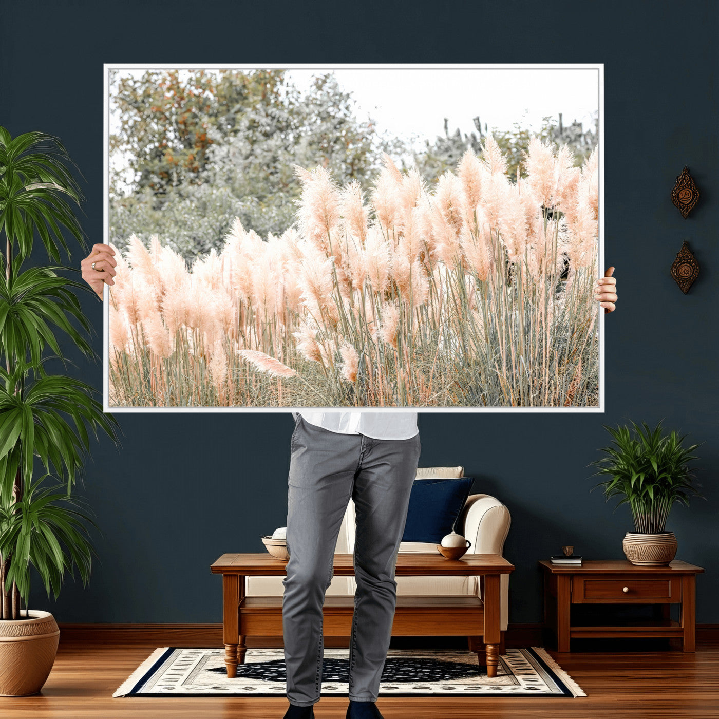 21826392-MGV-CV-36X24 - Pampas Grass Wall Art – Soft Blush Hues and Natural Texture Canvas Print, Serene Outdoors & Botanical Charm for Living Room or Nature Decor