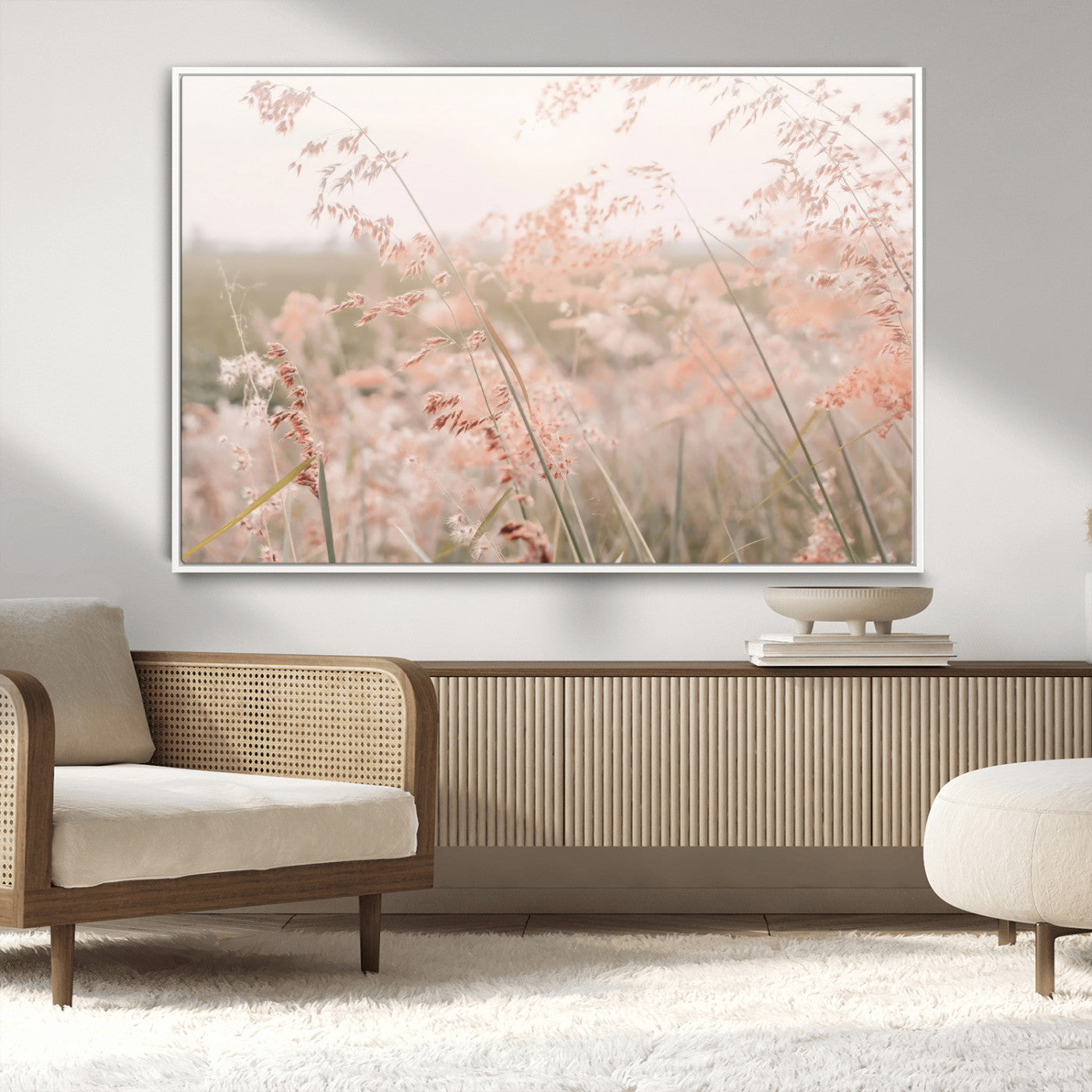 -Pastel Grasses Wall Art Canvas Print, Framed Soft Meadow Art Picture Print, Field in Breeze Perfect Soft Pastel Minimal Decor Artwork