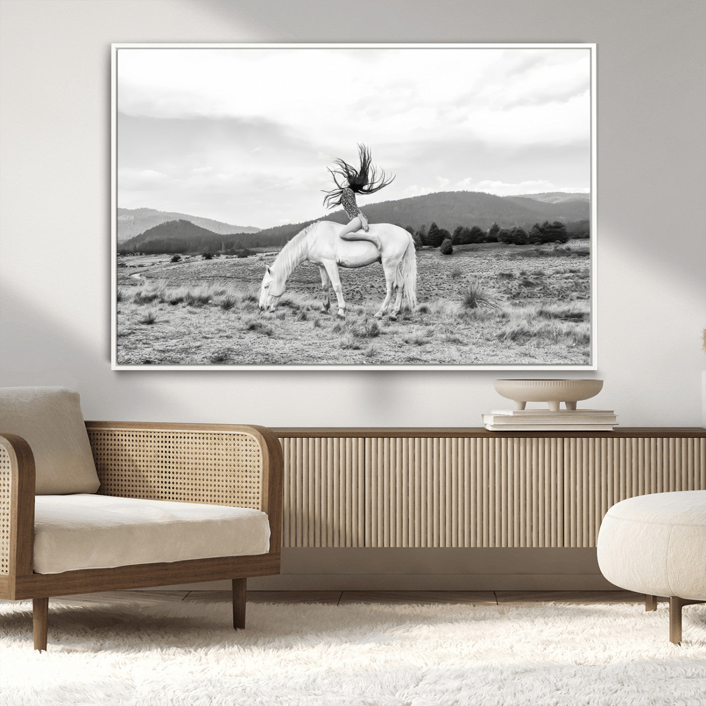 -White Horse Wall Art Canvas Print, Framed Woman Rider Art Picture Print, Equestrian Pose Perfect Western Boho Decor Artwork
