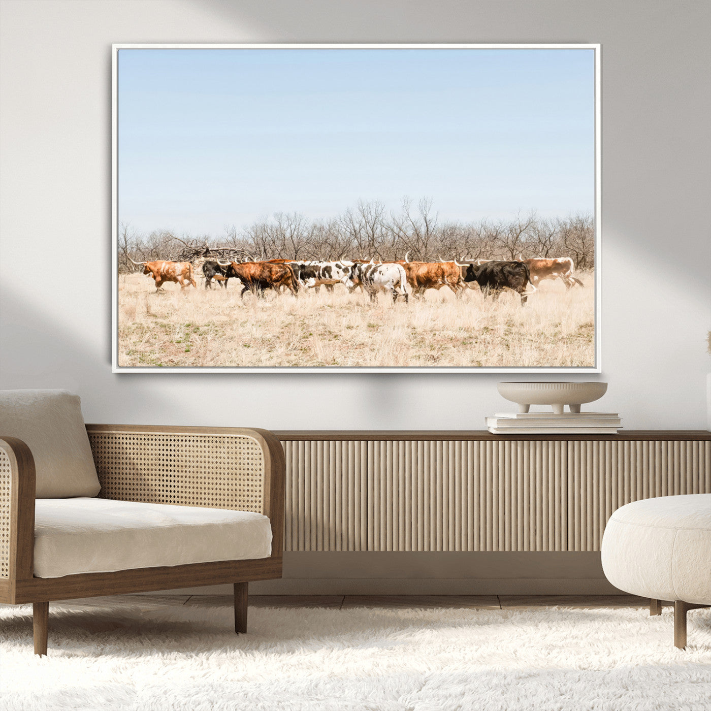 16563092-MGV-CV-36X24-Texas Longhorns Wall Art Canvas Print – Framed Western Cattle Rustic Herd Farmhouse Country Animal Artwork for Home Office