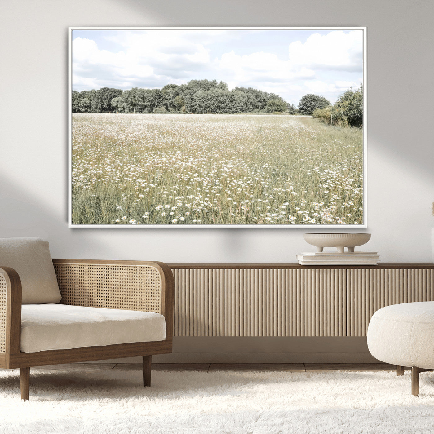 43258946-MGV-CV-36X24-Charming Daisy Field Wall Art Canvas Print – Framed Pastel Flower Meadow Bloom Scandinavian Minimal Artwork for Home Office