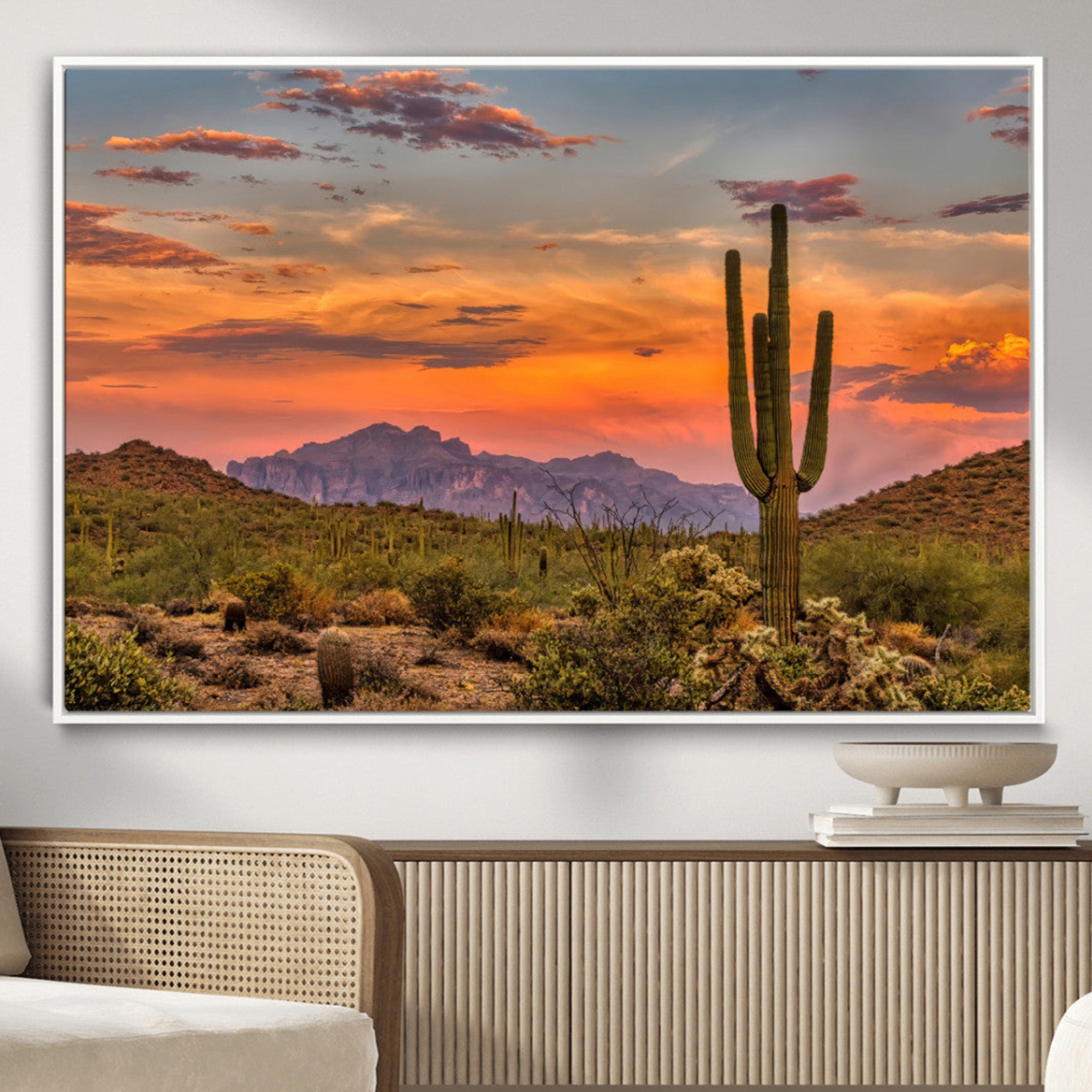-Saguaro Cactus Wall Art Canvas Print, Framed Arizona Sunset Art Picture Print, Sonoran Desert Perfect Southwestern Boho Decor Artwork
