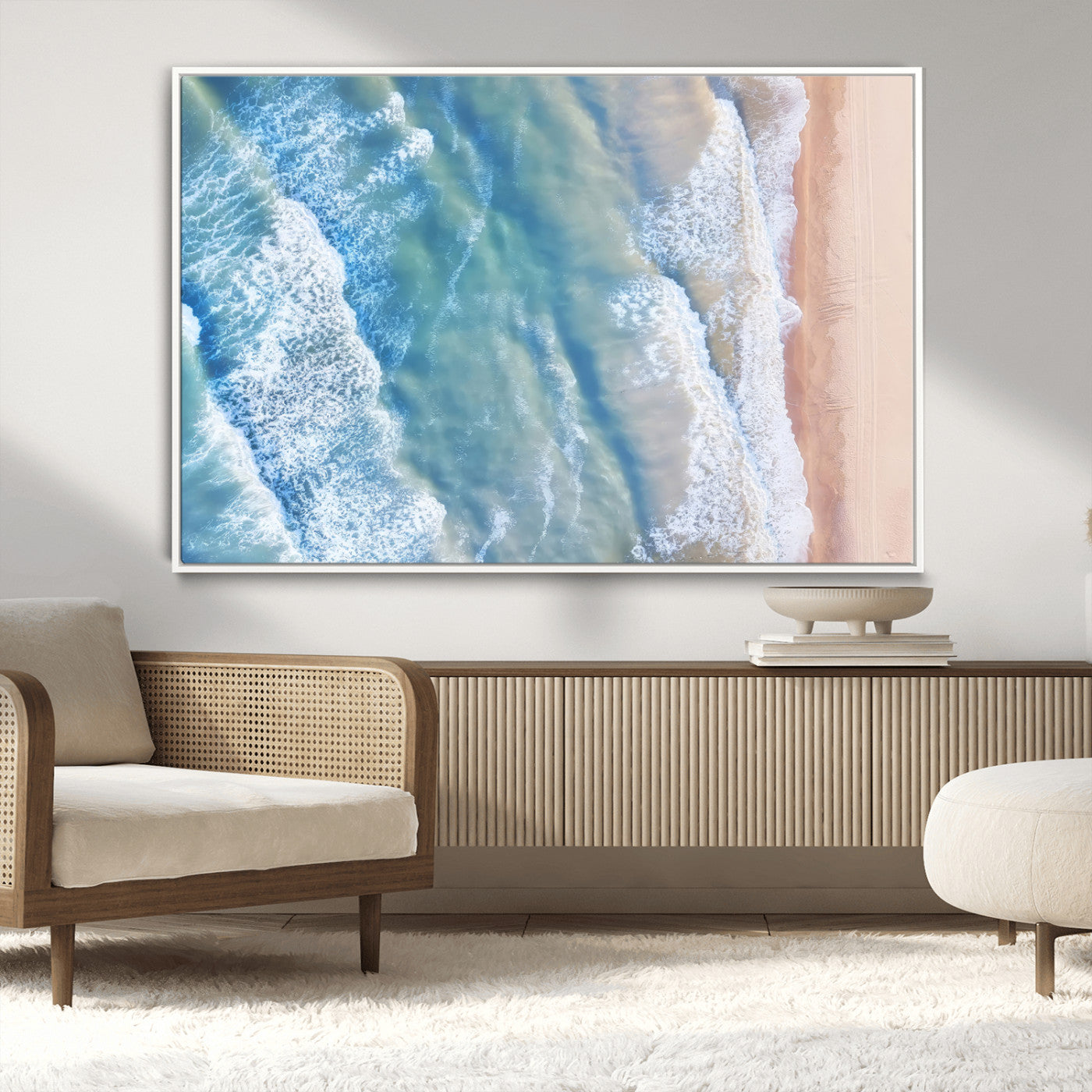 17641845-MGV-CV-36X24-Aerial Ocean View Wall Art Canvas Print – Framed Soft Blue Waves Sandy Shoreline Modern Coastal Artwork for Home Office