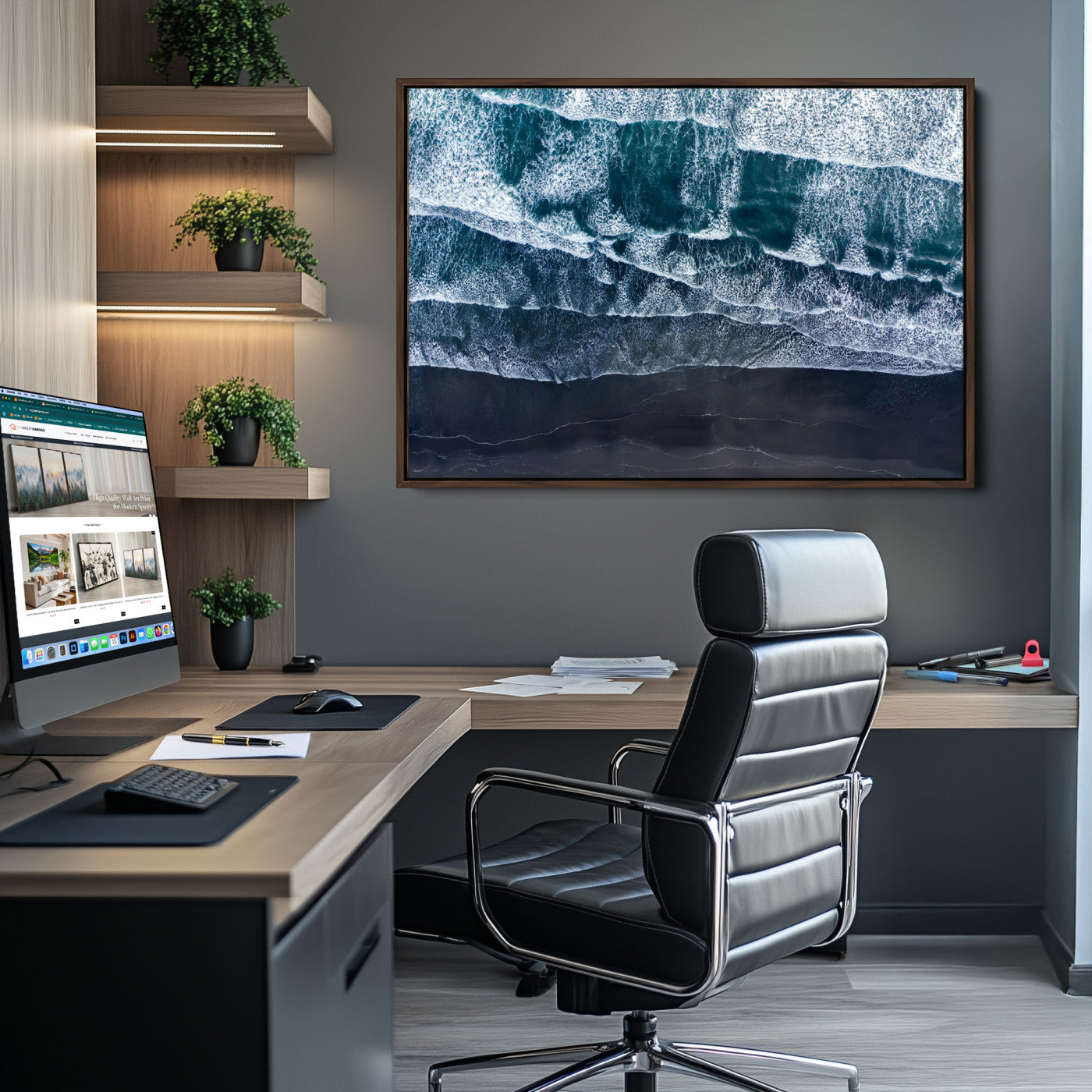 87941475-MGV-CV-36X24-Black Beach Wall Art Canvas Print – Framed Aerial Ocean View Moody Coastal Seascape Nature Artwork for Home Office