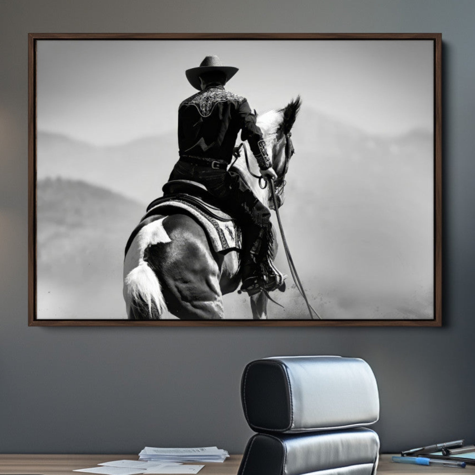 83102464-MGV-CV-36X24-Western Wall Art Canvas Print – Framed Cowboy and Horse Scene Artwork for Rustic Western Home, Office Decor