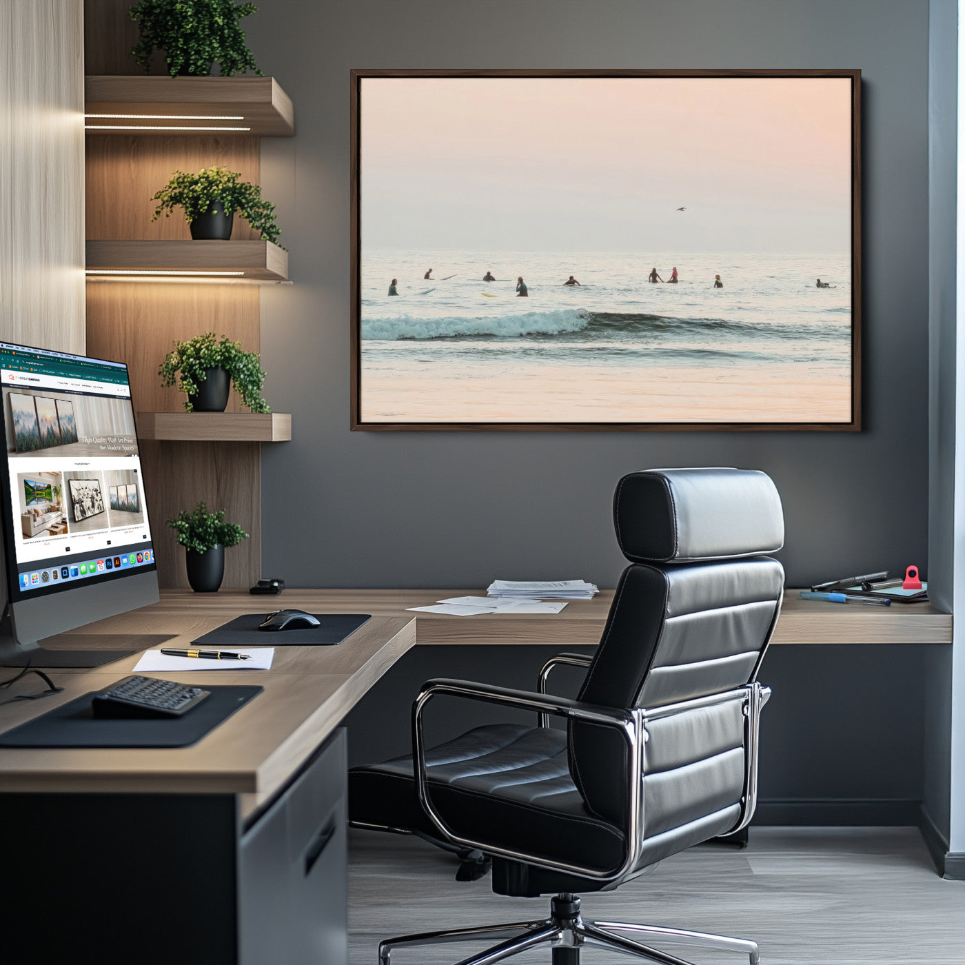 -Pastel Ocean Wall Art Canvas Print, Framed Soft Sunset Art Picture Print, Calm Sea Perfect