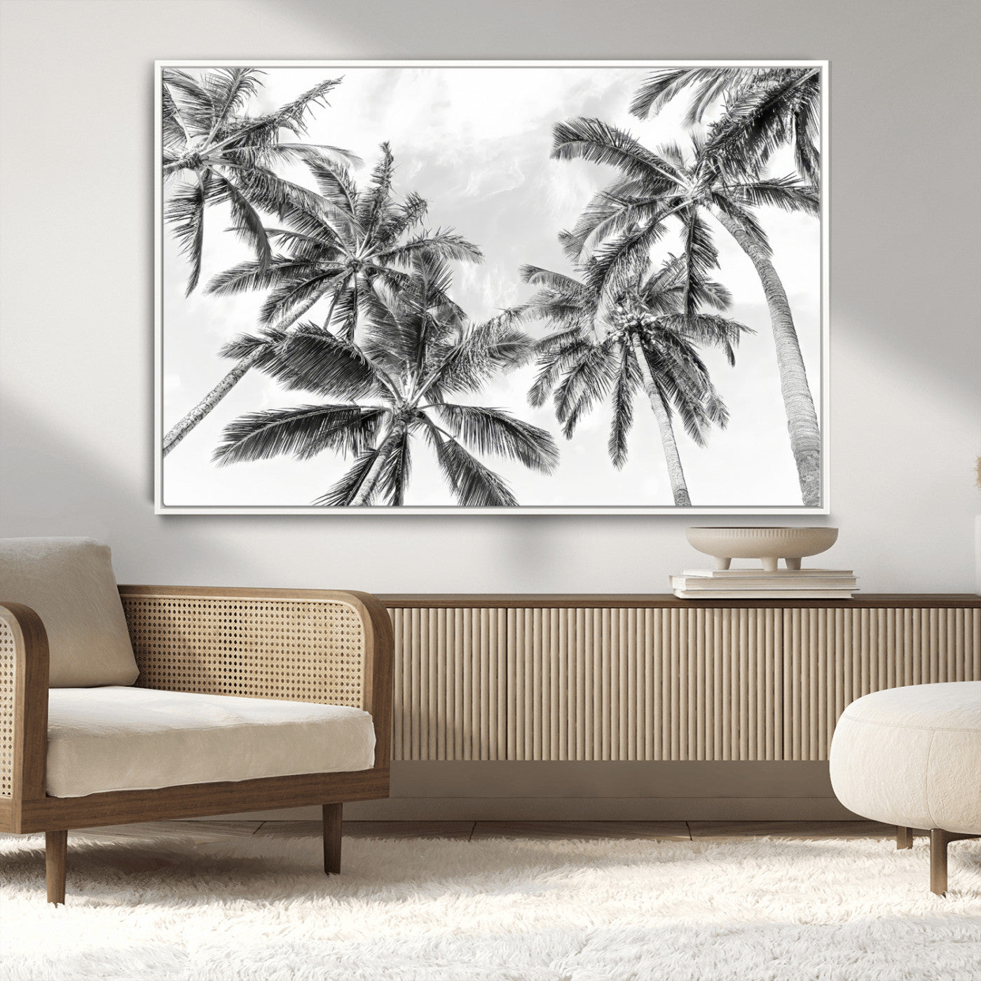 62113786-MGV-CV-36X24-Black and White Palm Wall Art Canvas Print – Monochrome Tropical Beach Minimalist Coastal Artwork for Home, Office