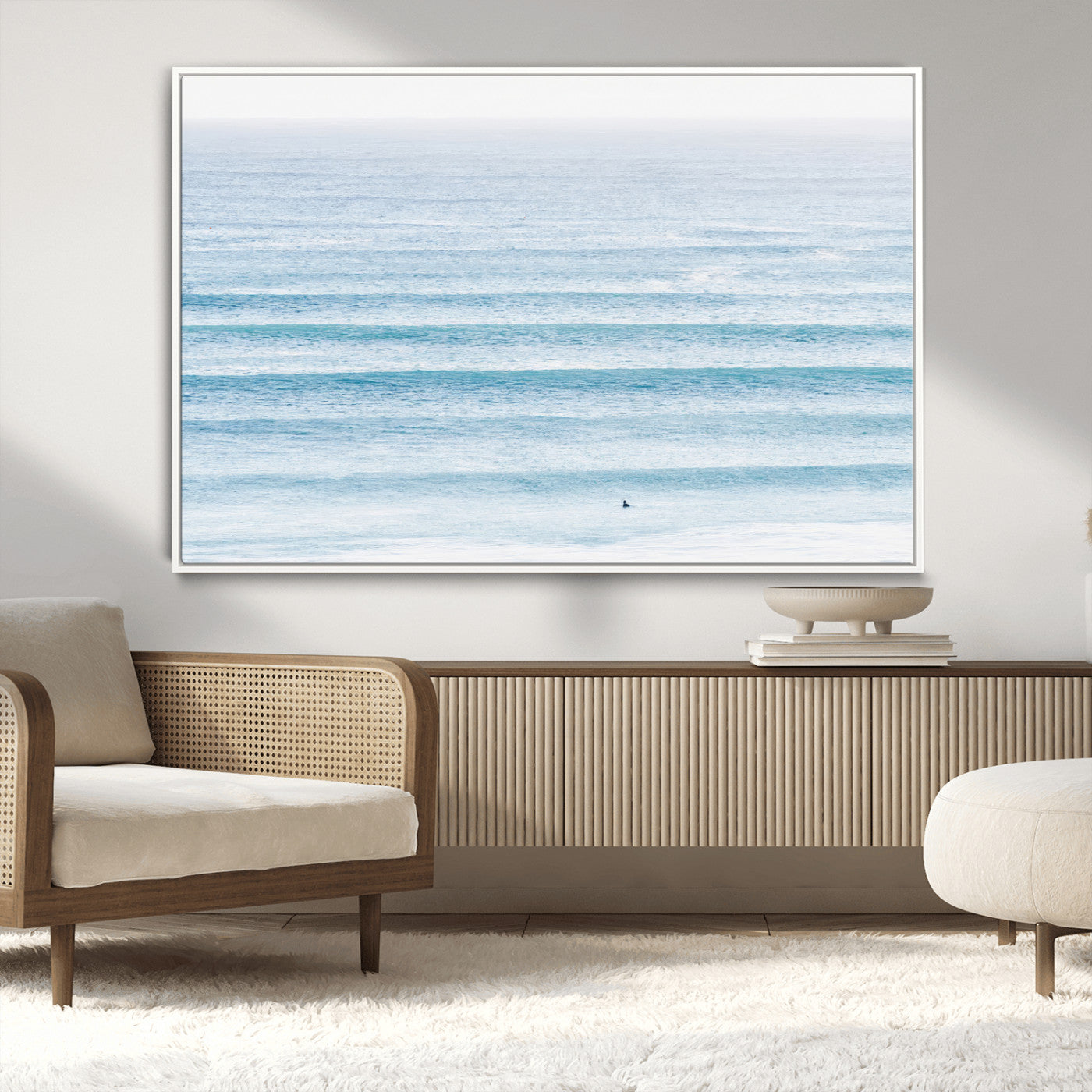 MGV-FC-36X24 - Ocean Simplicity Wall Art Canvas Print, Framed Surfer on Water Art Picture Print, Light Blue Perfect Coastal Minimalist Decor Artwork