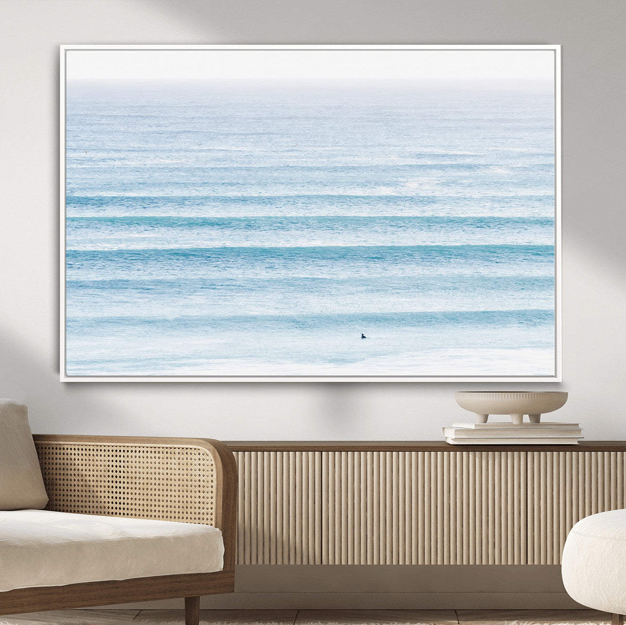 77145995-MGV-CV-36X24-Ocean Wave Surfer Wall Art – Framed Minimal Seascape Canvas Artwork, Calm Blue Water Design, Coastal Decor for Home, Office