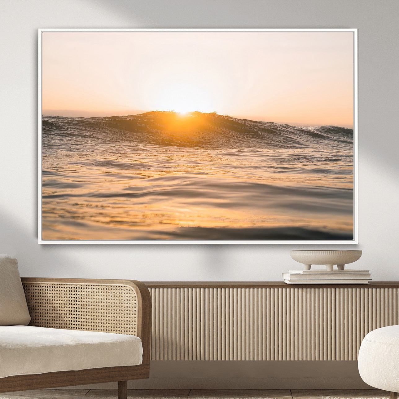 16973771-MGV-CV-36X24-Calm Water Wall Art – Framed Sunset Waves Canvas Artwork, Coastal Warm Design, Minimal Ocean Decor for Home, Office