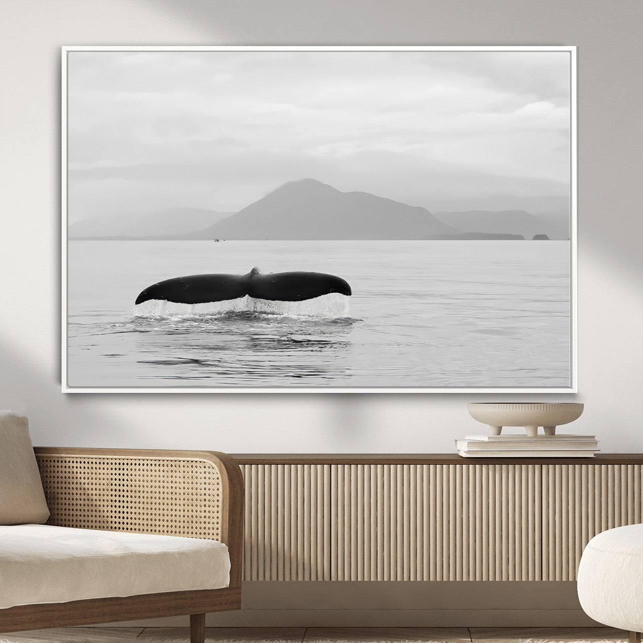 MGV-FC-36X24 - Whale Tail Wall Art Canvas Print, Framed Black White Ocean Art Picture Print, Calm Marine Perfect Minimalist Coastal Decor Artwork