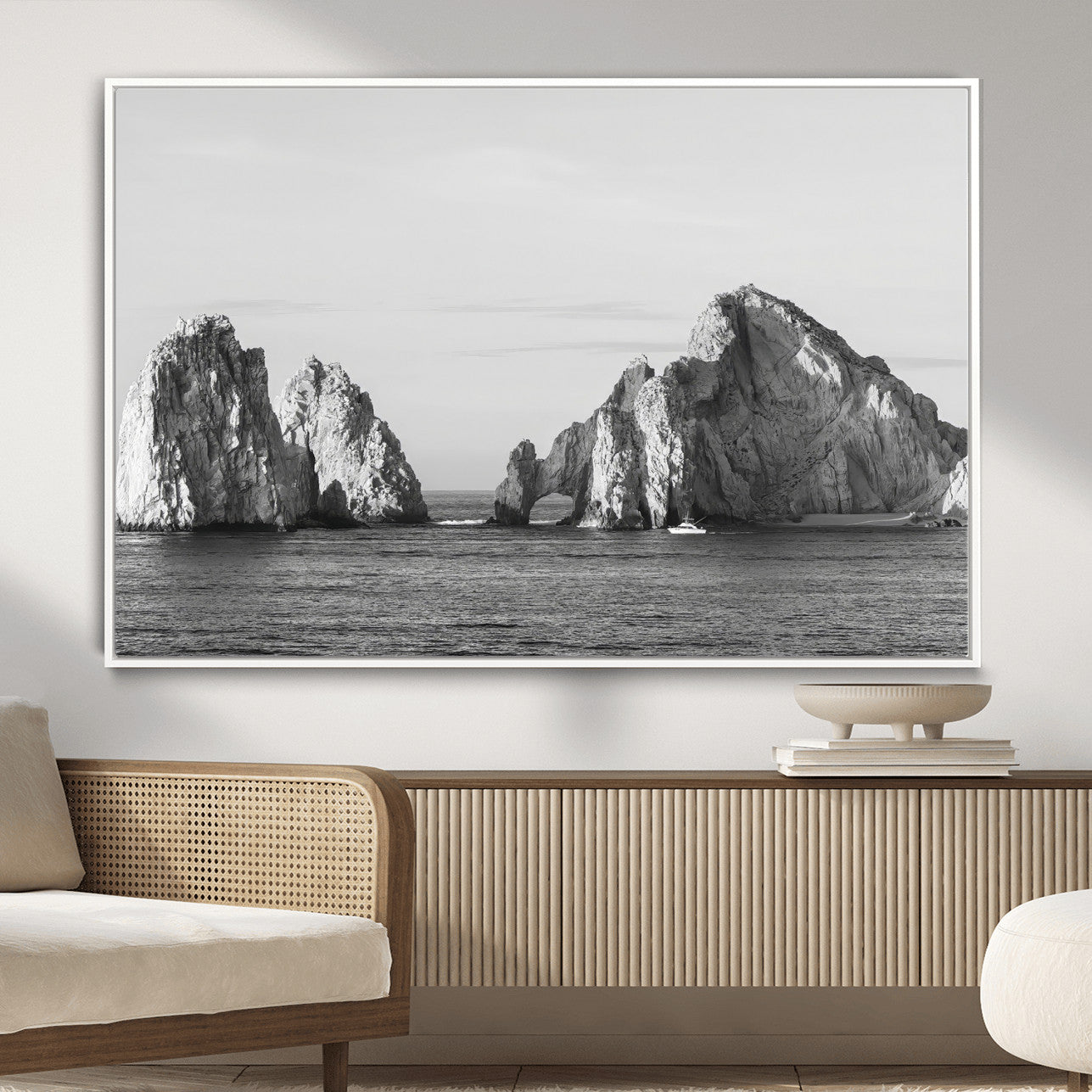 MGV-FC-36X24 - Rugged Coastline Wall Art Canvas Print, Framed Ocean Cliffs Art Picture Print, Monochrome Seascape Perfect Coastal Minimalist Decor Artwork