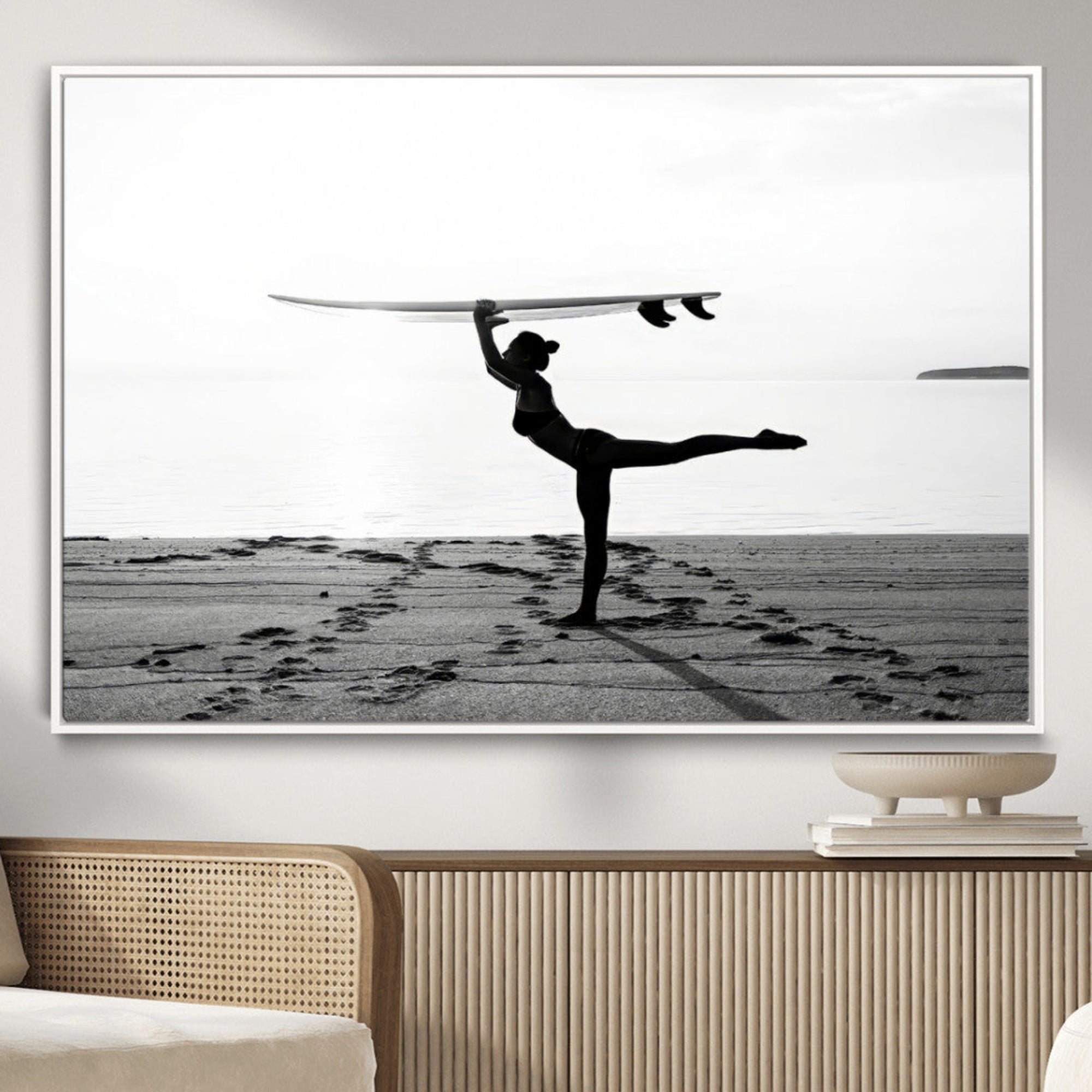 28441356-MGV-CV-36X24-Yoga Surf Wall Art Canvas Print – Framed Black White Shore Scene with Peaceful Ocean Artwork for Home, Office