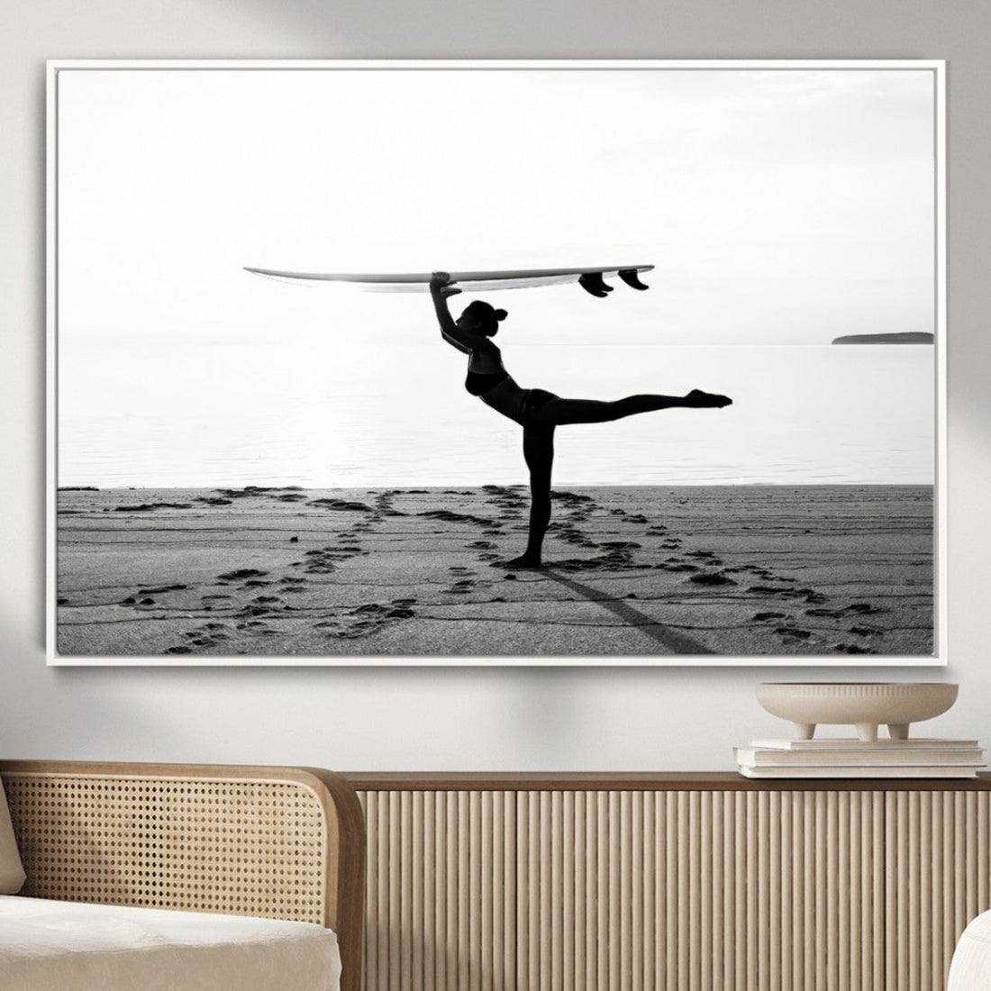 Yoga Surf Wall Art Canvas Print, Framed Black White Shore and Peaceful Ocean