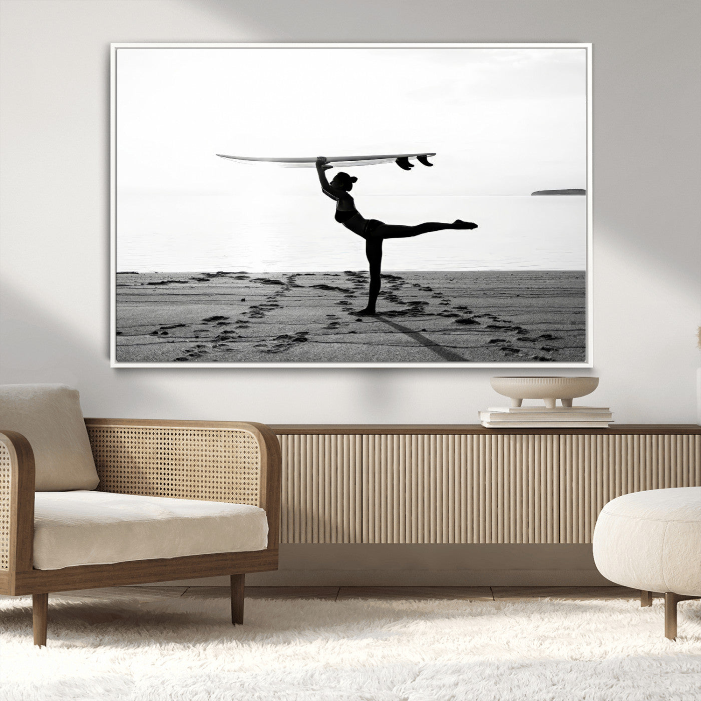 28441356-MGV-CV-36X24-Yoga Surf Wall Art Canvas Print – Framed Black White Shore Art Picture Peaceful Ocean Artwork for Home, Office