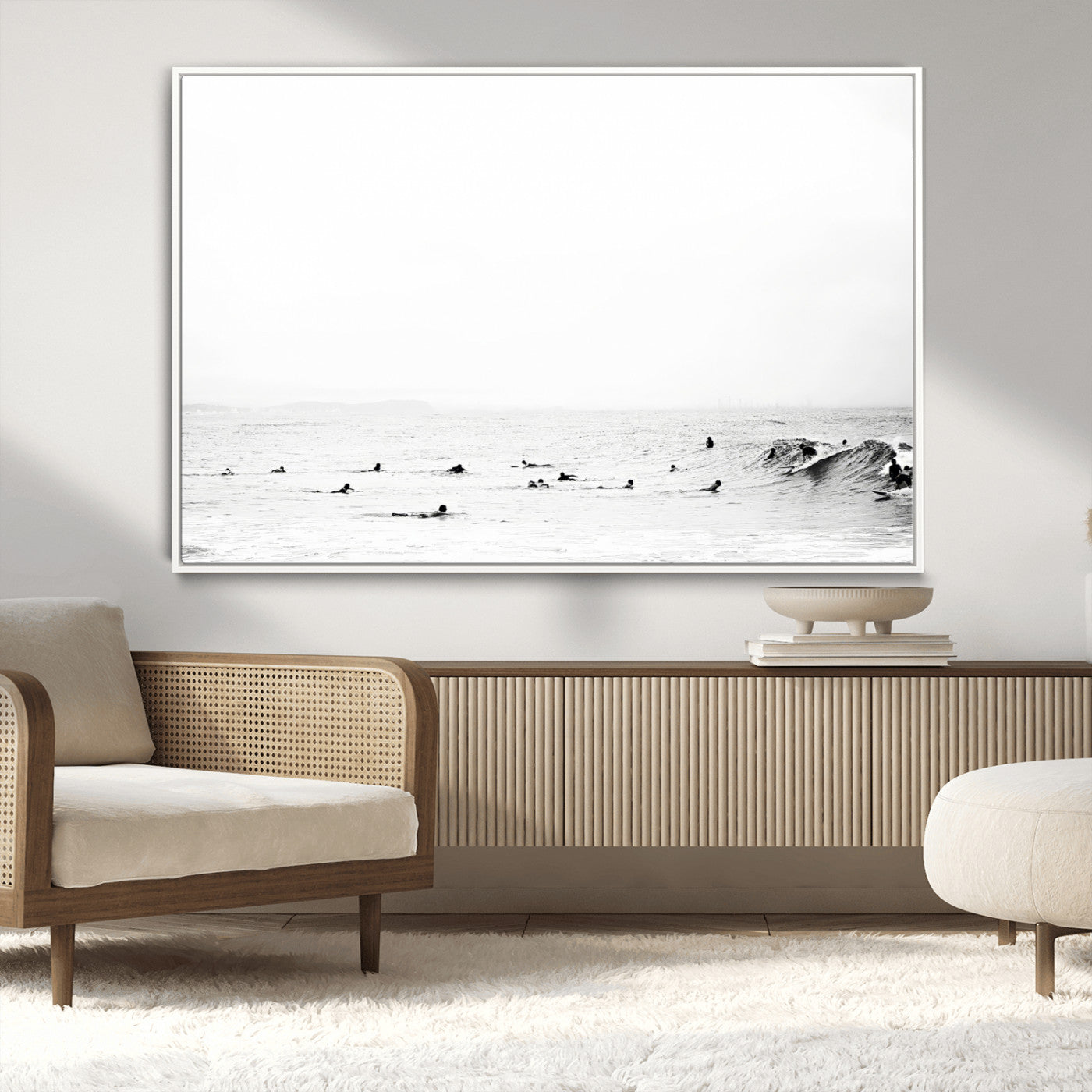 38441169-MGV-CV-36X24-Monochrome Swimming Wall Art Canvas Print – Framed Ocean Horizon Art Picture Moody Coastal Artwork for Home Office