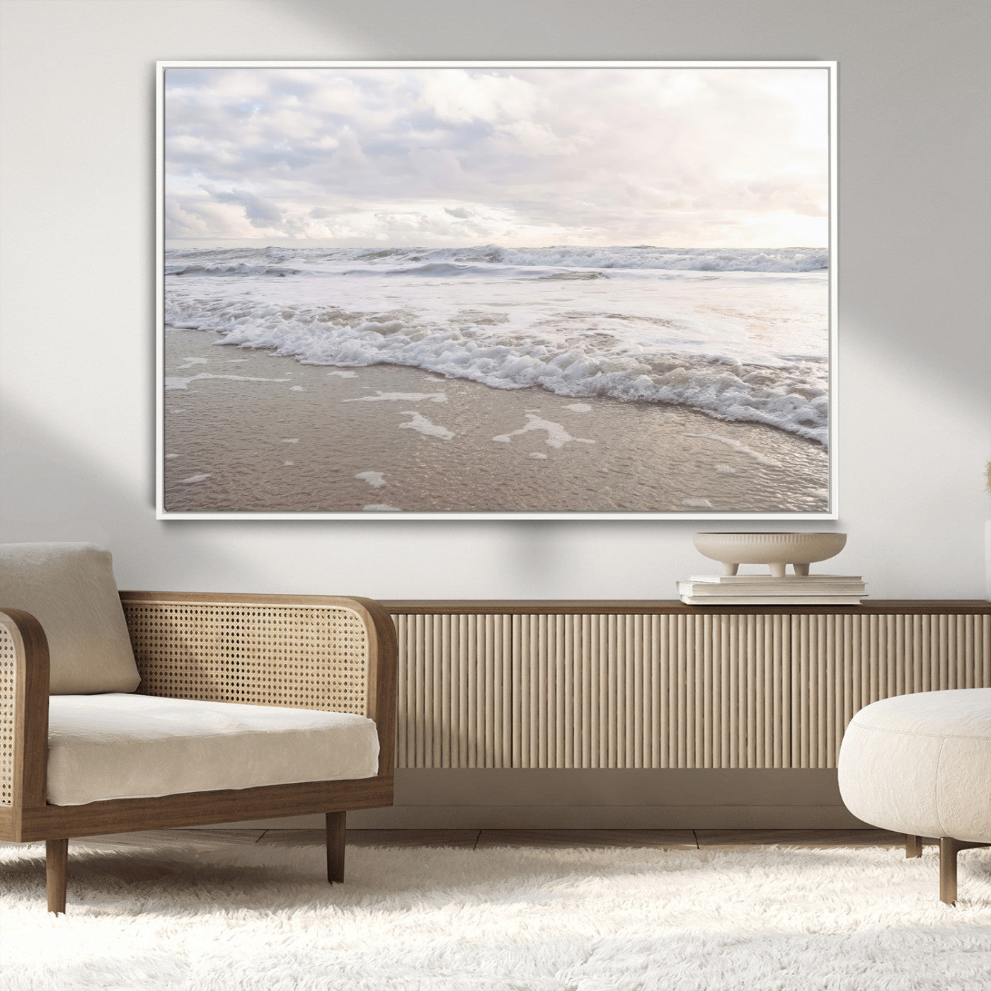 70596264-MGV-CV-36X24-Ocean Waves Wall Art Canvas Print – Framed Coastal Shoreline Scene with Sea Foam Artwork for Home, Office