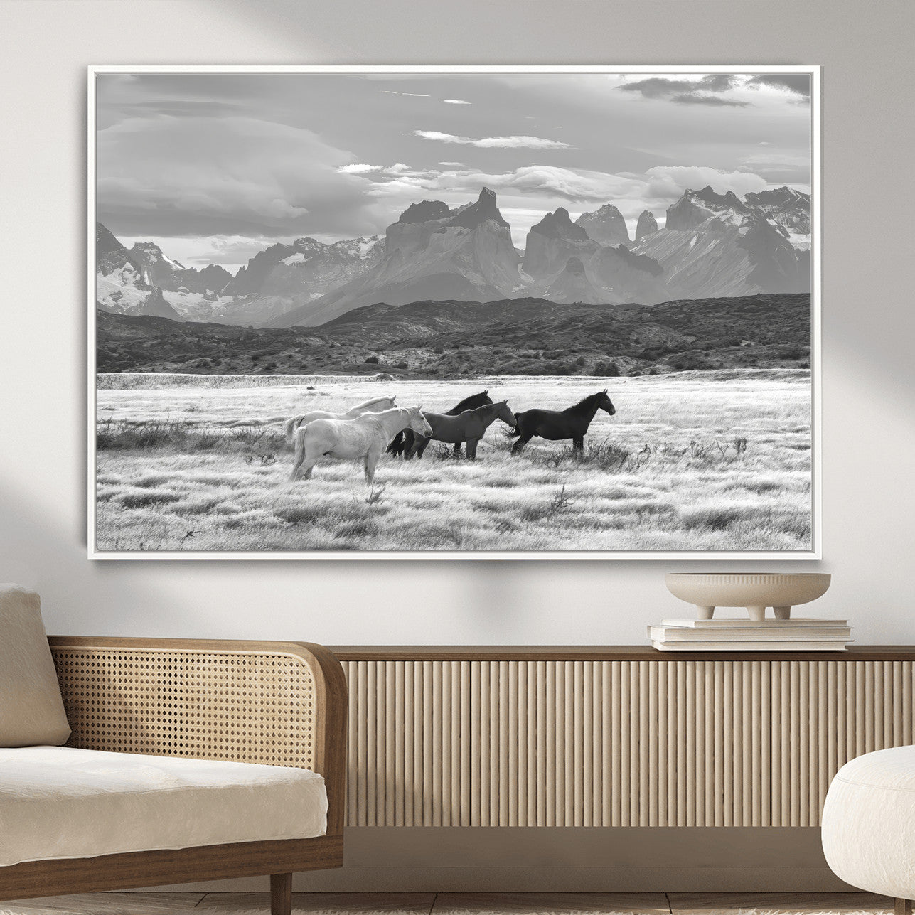 MGV-FC-36X24 - Wild Horses Wall Art Canvas Print, Framed Black White Mountains Art Picture Print, Rustic Countryside Perfect Rustic Western Decor Artwork