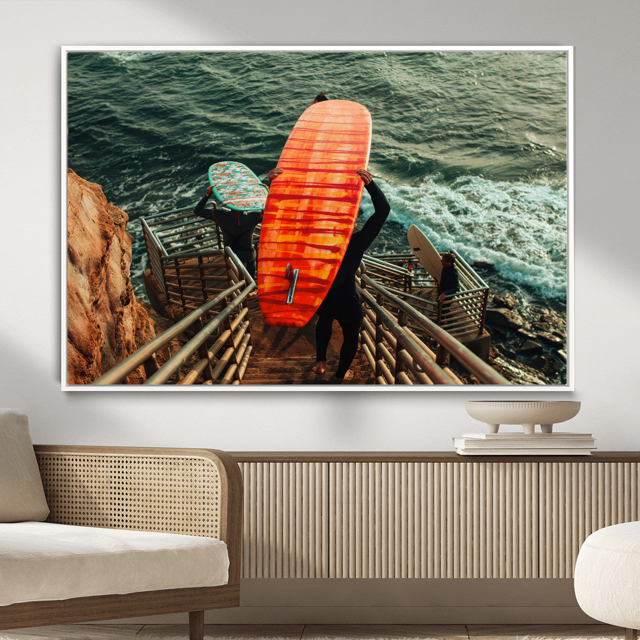 MGV-FC-36X24 - Surfer Stairway Wall Art Canvas Print, Framed Ocean Surf Art Picture Print, Sunset Coastal Perfect Coastal Adventure Decor Artwork