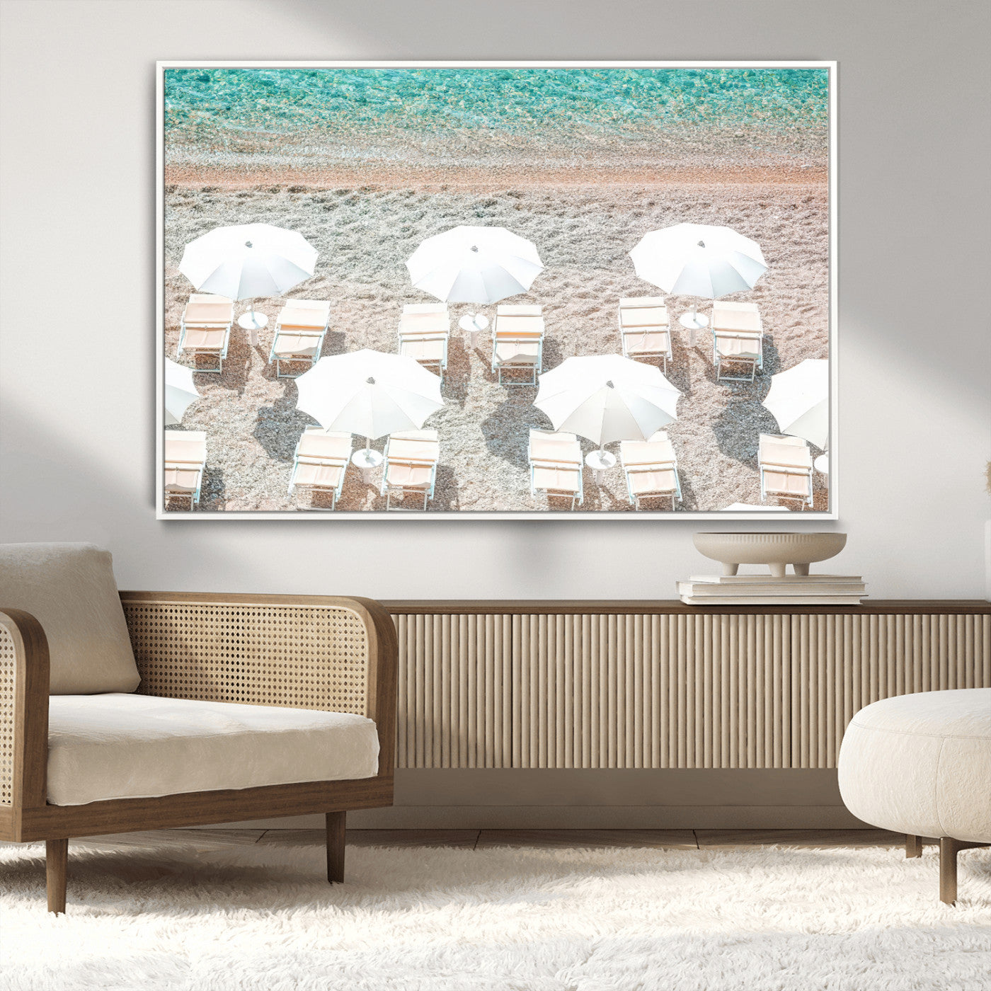 MGV-FC-36X24 - Calm Beach Wall Art Canvas Print, Framed Turquoise Water Art Picture Print, Umbrella Shoreline Perfect Coastal Minimalist Decor Artwork