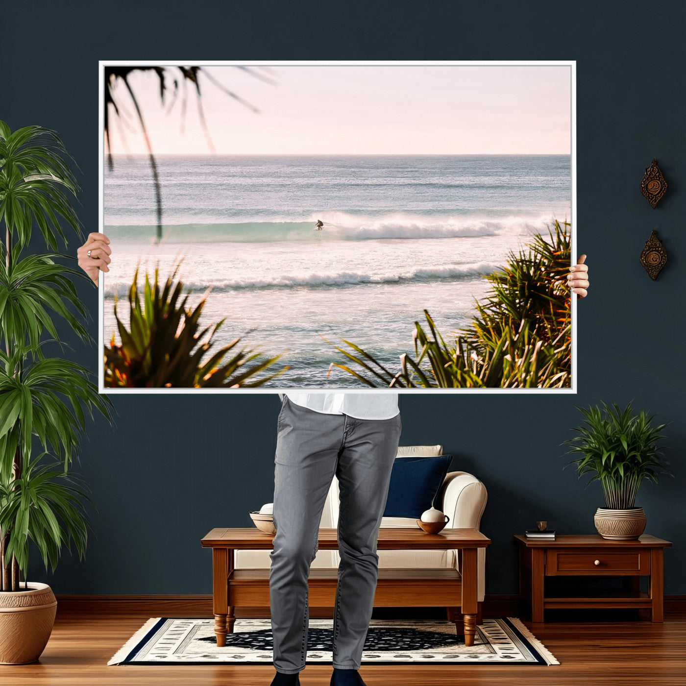 23287092-MGV-CV-36X24 - Ocean Surfer Wall Art Canvas Print | Framed Coastal Surf Art Picture Tropical Beach Artwork for Home Office