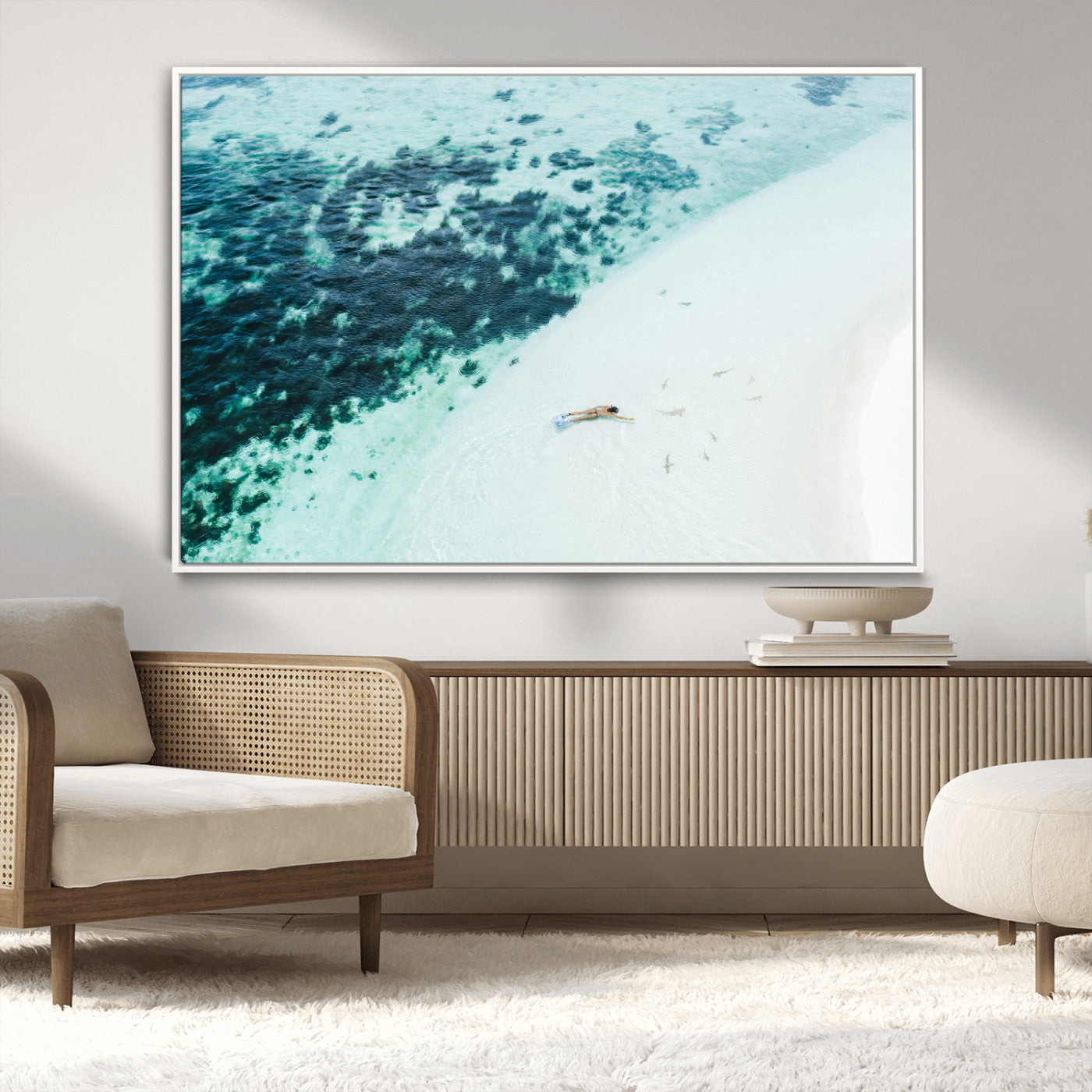 33764764-MGV-CV-36X24-Minimal Beach Wall Art – Framed Ocean Swimming Canvas Artwork, Clear Blue Sea Design, Modern Coastal Decor for Home, Office