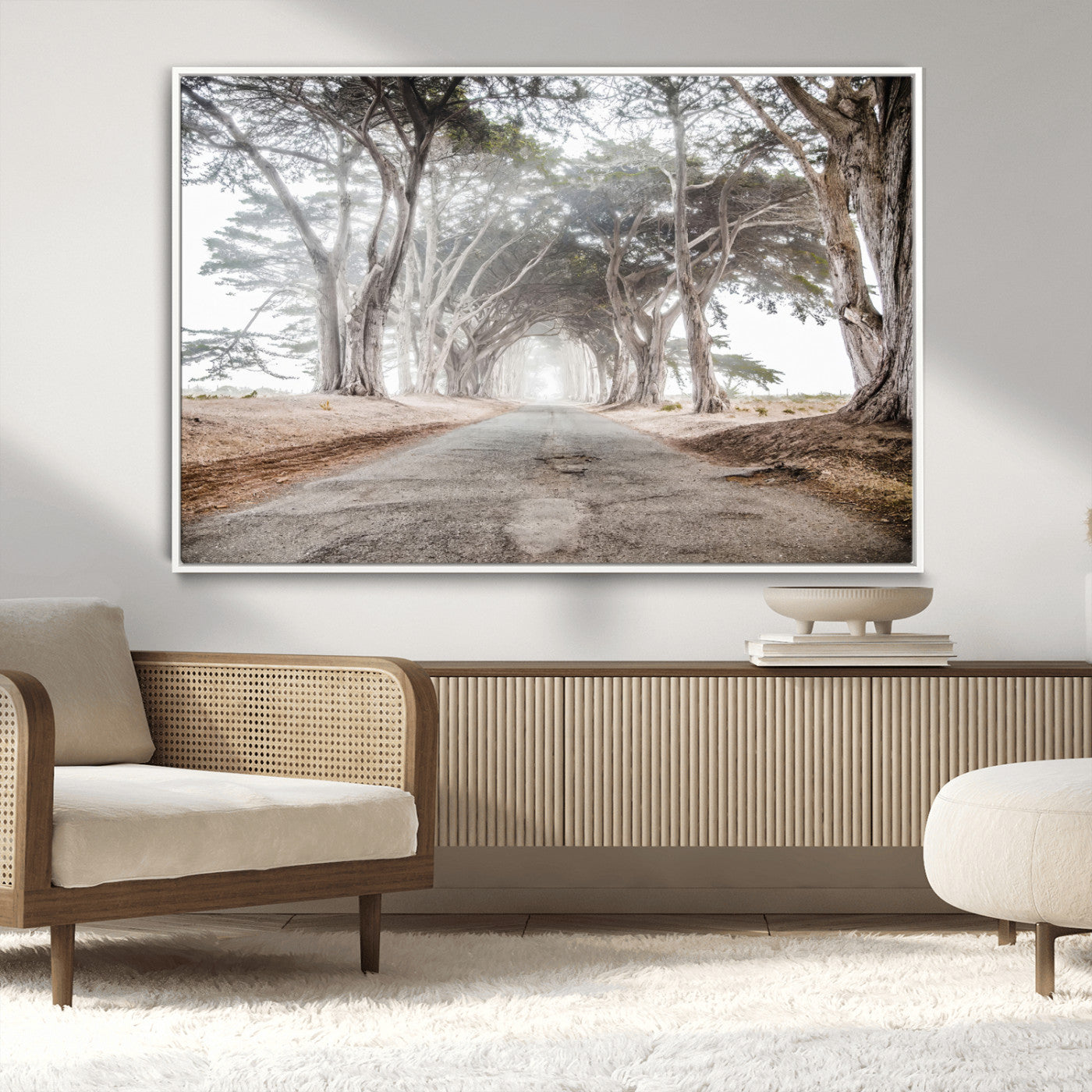 87090469-MGV-CV-36X24-Cypress Tunnel Wall Art – Framed Misty Road Canvas Artwork, Foggy Trees Design, Rustic Woodland Nature Decor for Home, Office