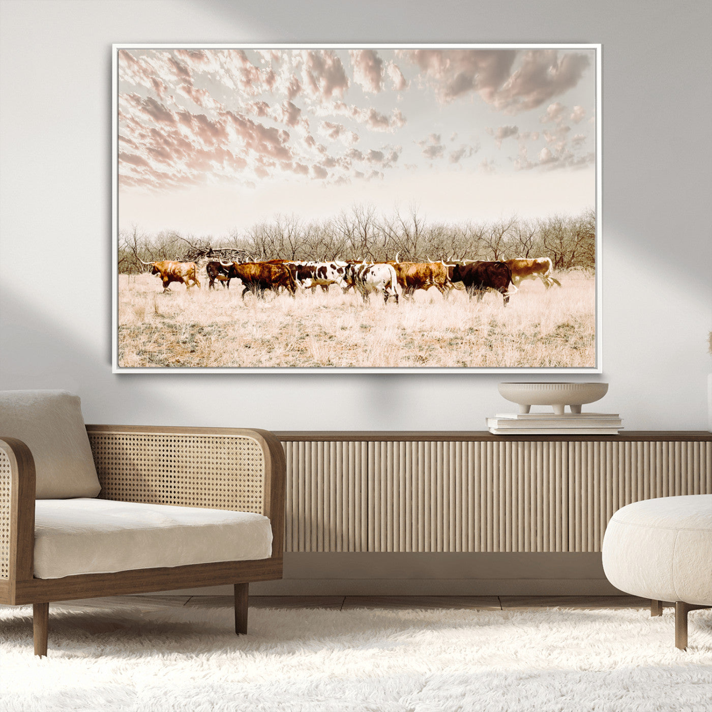 64892775-MGV-CV-36X24-Longhorn Cattle Wall Art Canvas Print – Framed Texas Ranch Scene with Western Cow Artwork for Home, Office
