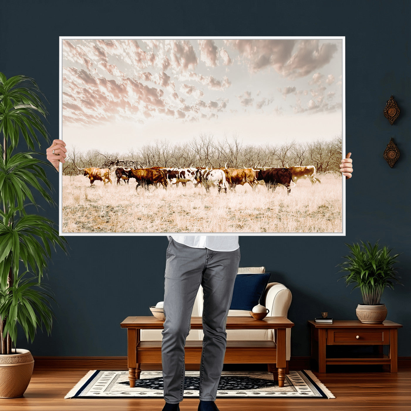 64892775-MGV-CV-36X24 - Longhorn Cattle Wall Art Canvas Print, Framed Texas Ranch Art Picture Print, Western Cow Perfect Western Decor Artwork