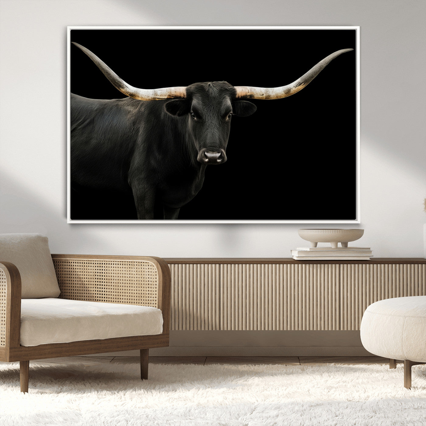 99448328-MGV-CV-36X24-Longhorn Cattle Wall Art Canvas Print – Framed Texas Ranch Scene with Western Cow Artwork for Home, Office, Living Room