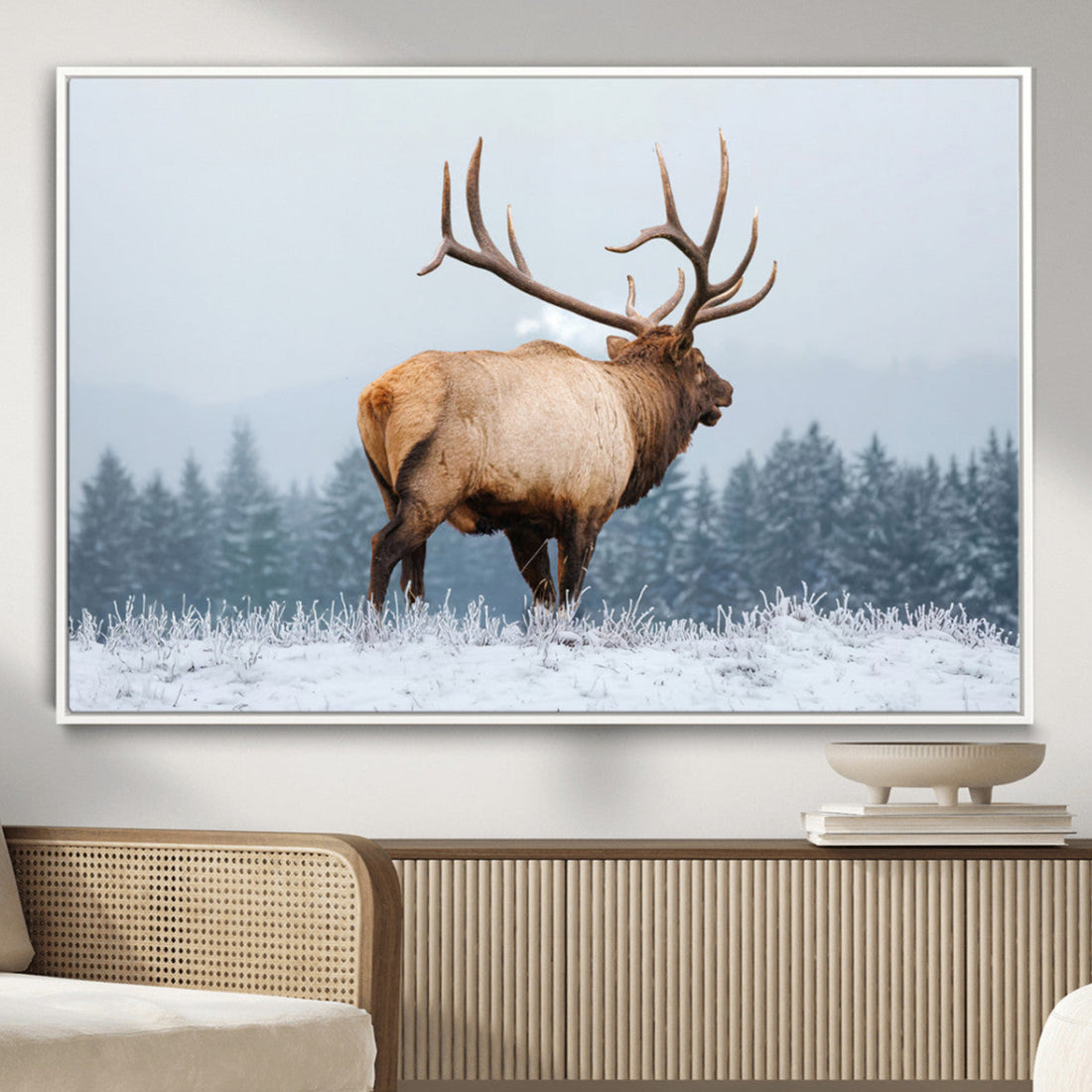 Elk Wall Art Canvas Print, Framed Snowy Forest Scene Art, Rustic Wildlife Lodge Decor