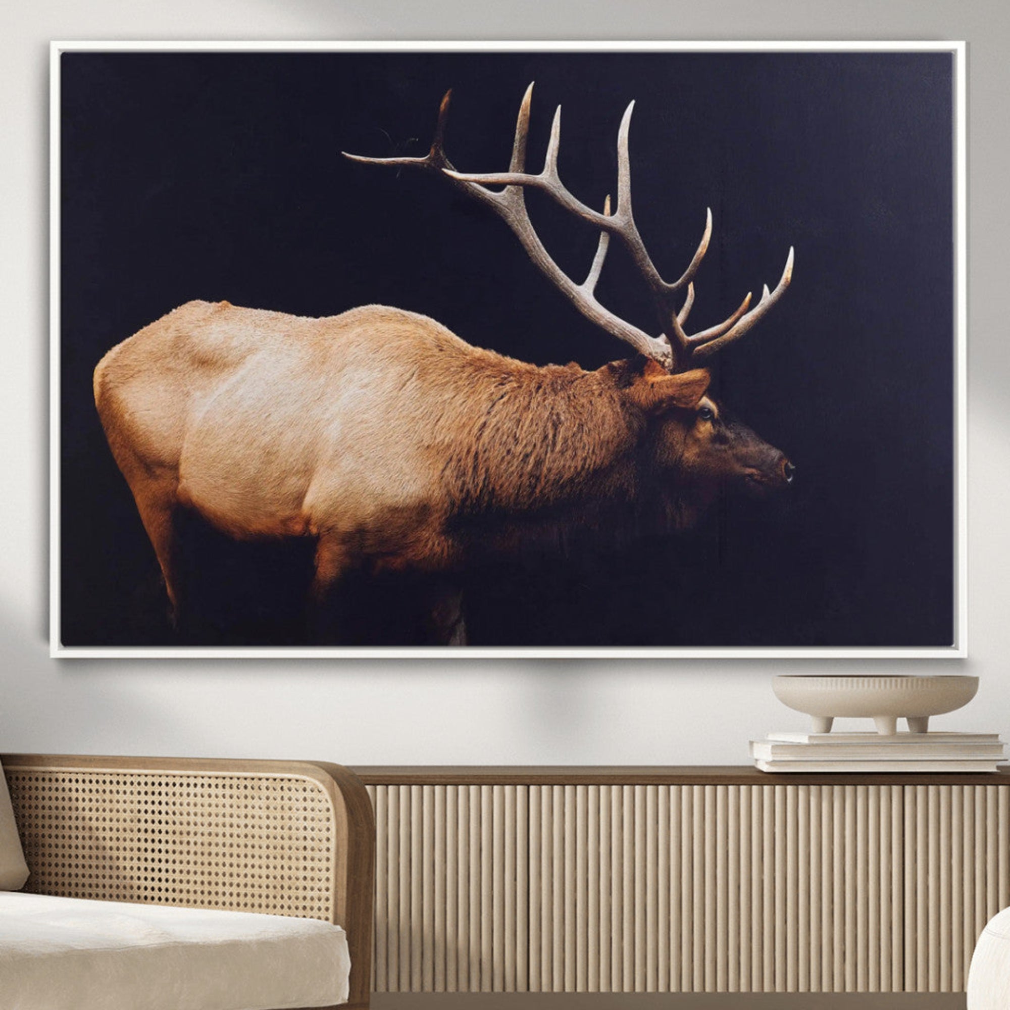 Side view of a majestic elk with large antlers against dark background, perfect for rustic lodge or cabin style home decoration.
