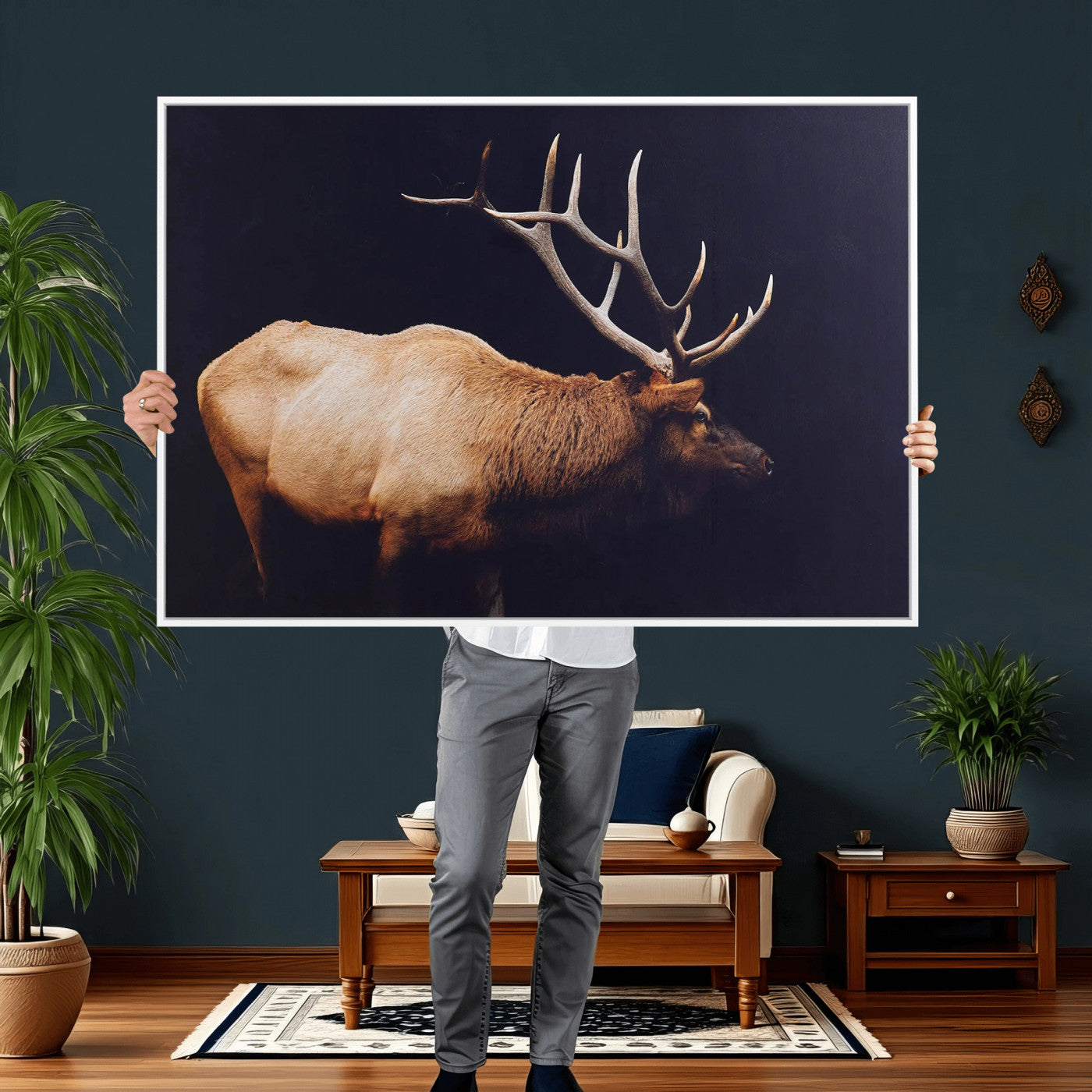 89239257-MGV-CV-36X24 - Rustic Elk Wall Art Canvas Print – Framed Moody Wildlife Art Picture Western Animal Artwork for Home, Office Decor