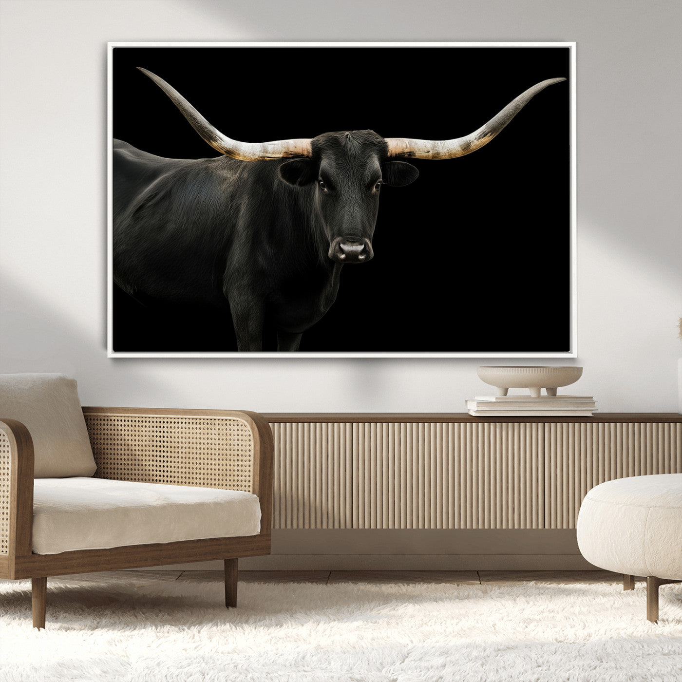 -Texas Longhorn Wall Art Canvas Print, Framed Rustic Western Art Picture Print, Farmhouse Animal Perfect Modern Western Minimalist Decor Artwork
