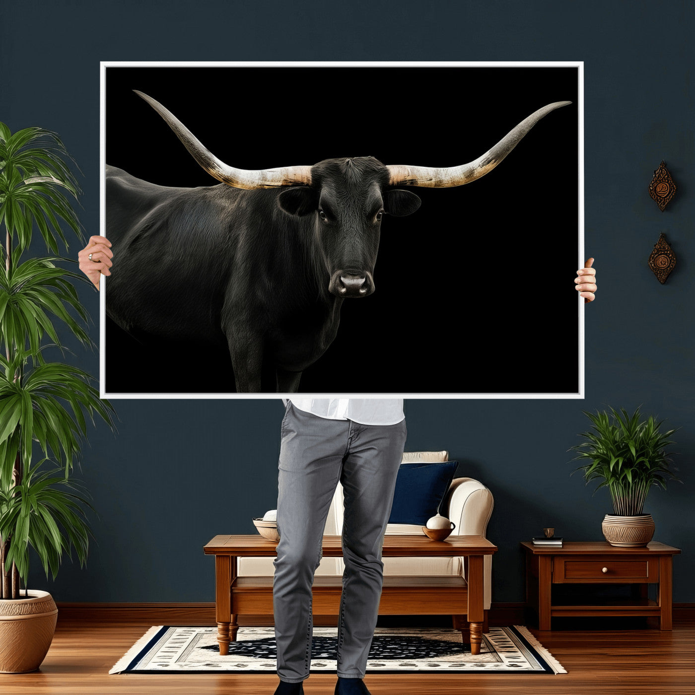 23572907-MGV-CV-36X24 - Texas Longhorn Wall Art Canvas Print, Framed Rustic Western Art Picture Print, Farmhouse Animal Perfect Modern Western Minimalist Decor Artwork