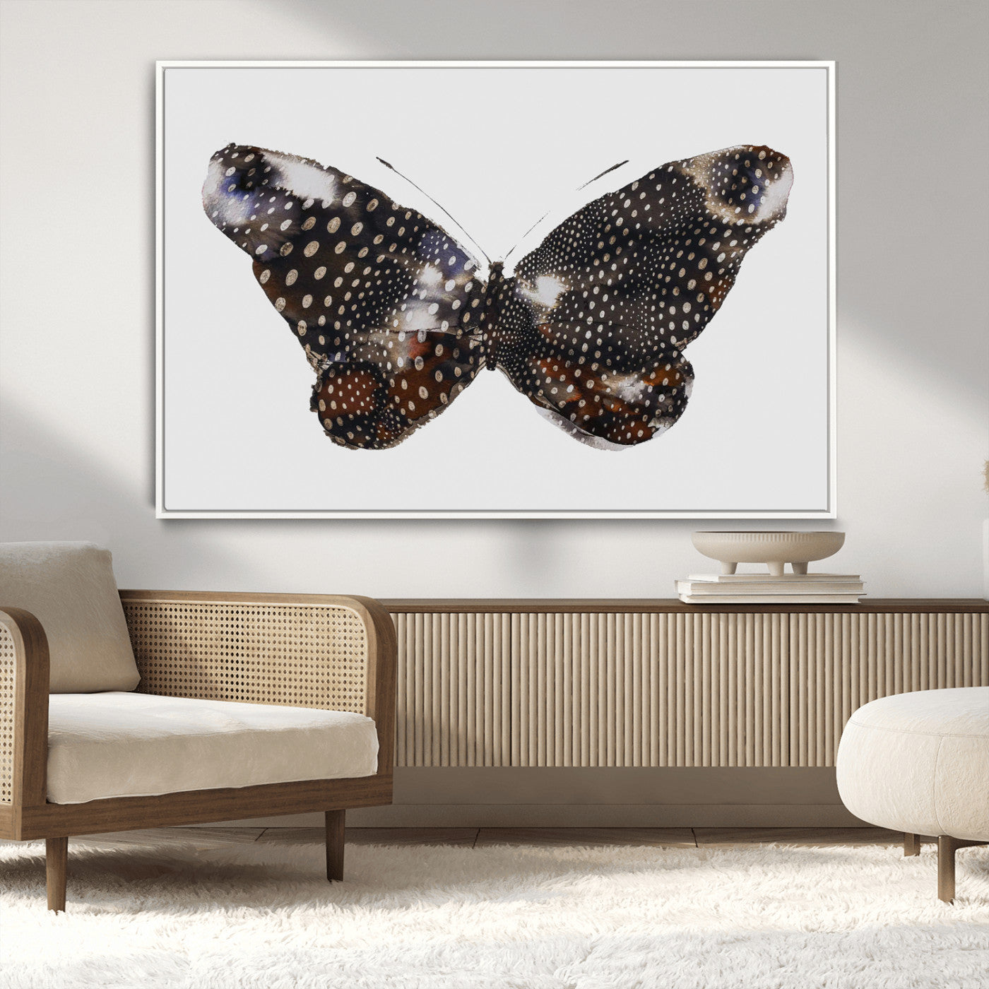 99831147-MGV-FC-36X24_White-Spotted Butterfly Wall Art Canvas Print – Framed Neutral Insect Earthy Wing Pattern Modern Rustic Nature Artwork for Home Office
